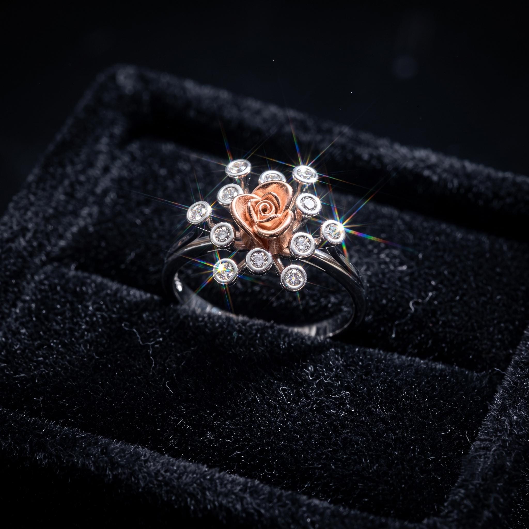 Sterling Silver Moissanite Flower Ring, Rose-Gold Tone Floral Detail, Dainty Stacking Ring