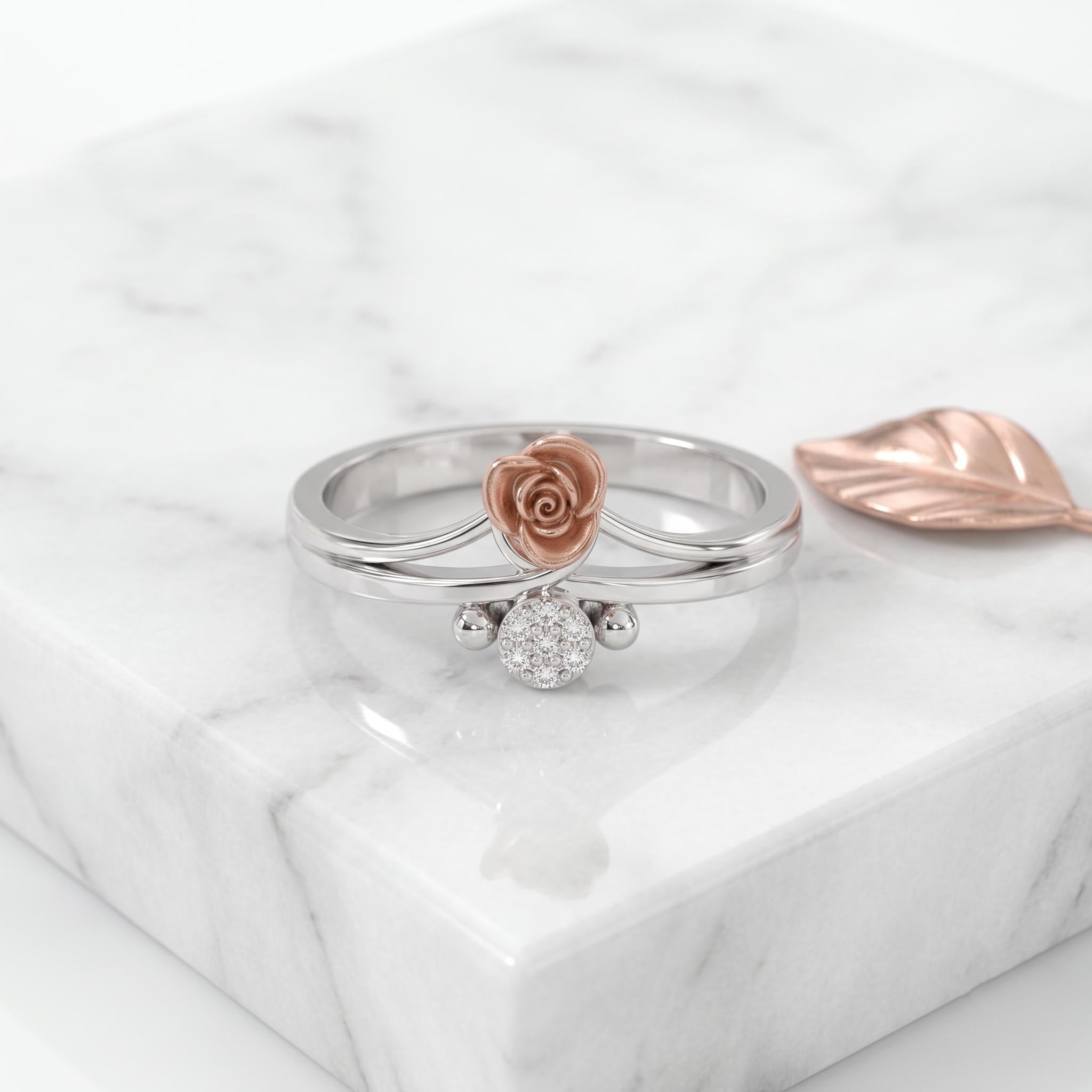 Sterling Silver Moissanite Floral Ring, Rose-Gold Tone Leaves, Everyday Wear