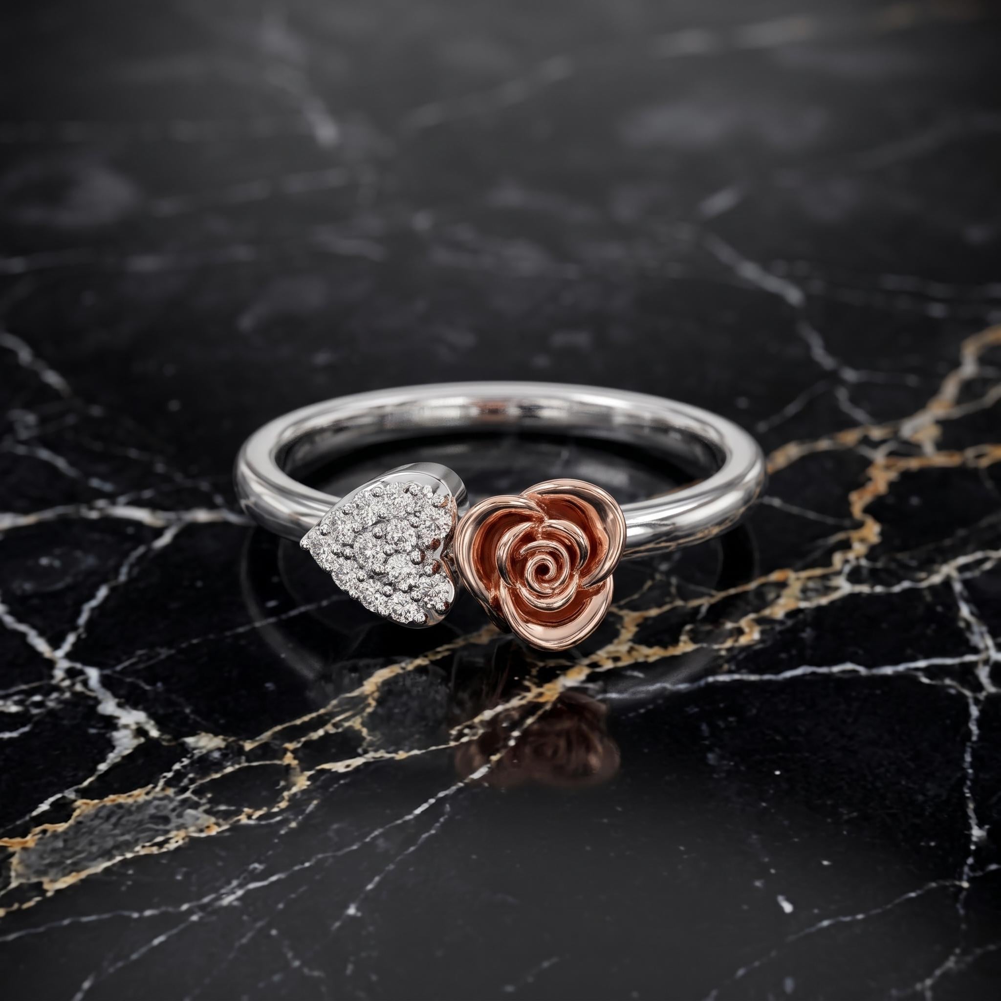 Sterling Silver Moissanite Rose Ring, Two-Tone Floral Cocktail Jewelry