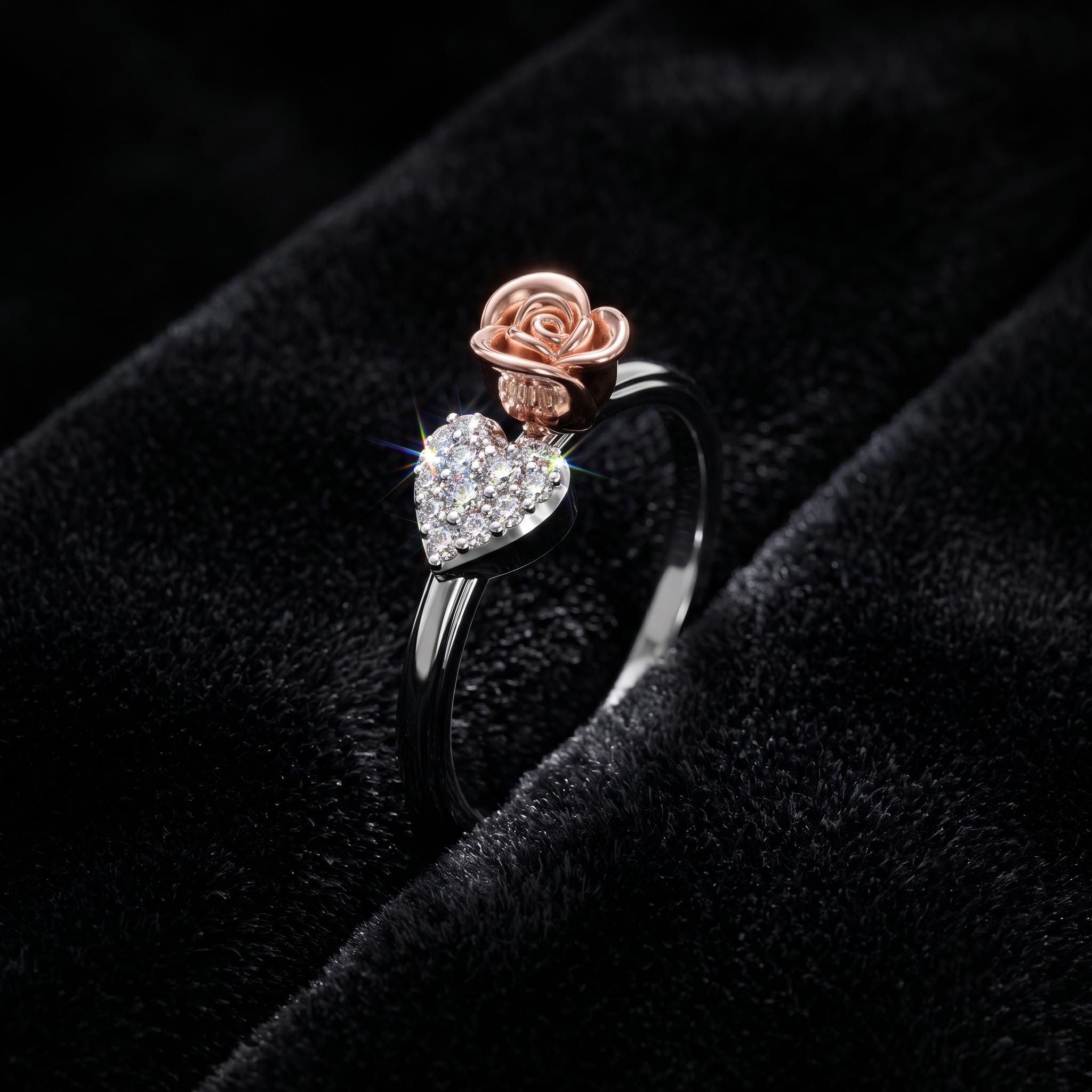 Sterling Silver Moissanite Rose Ring, Two-Tone Floral Cocktail Jewelry