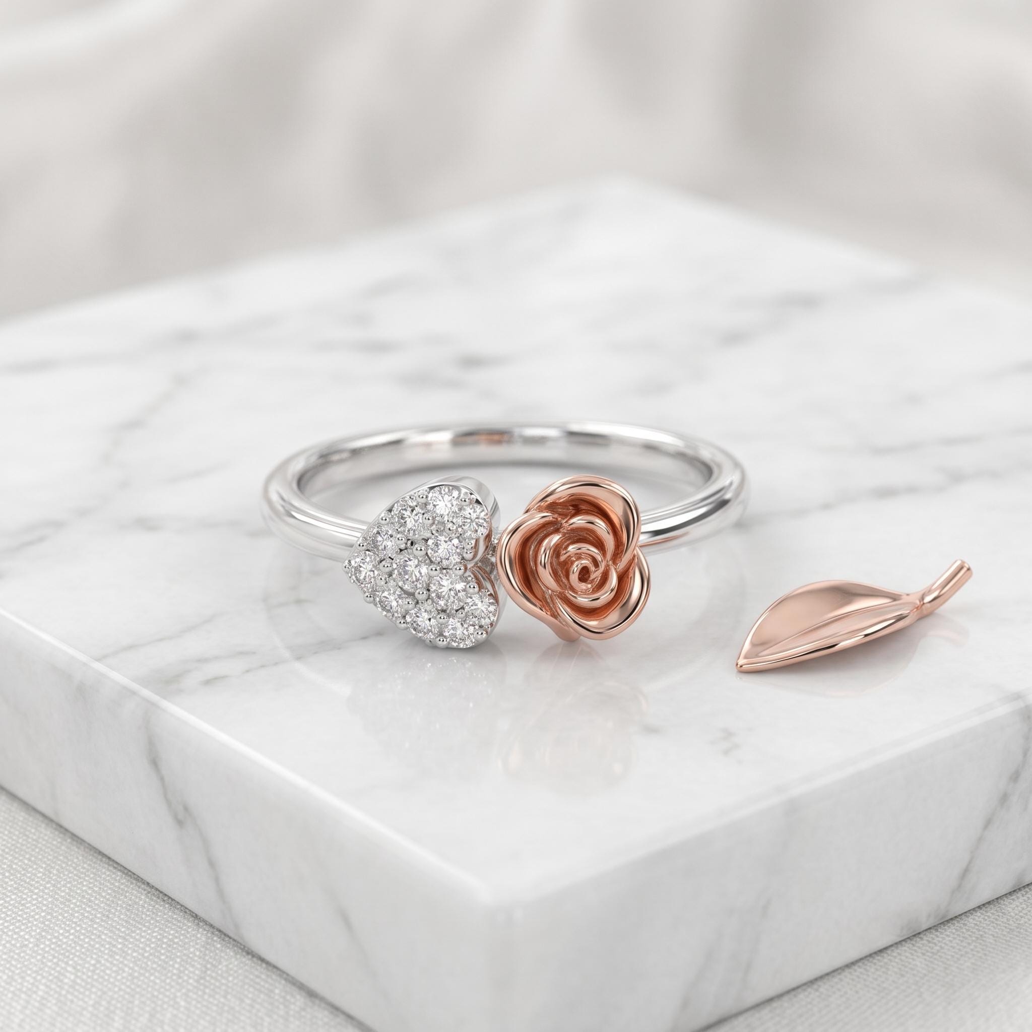 Sterling Silver Moissanite Rose Ring, Two-Tone Floral Cocktail Jewelry