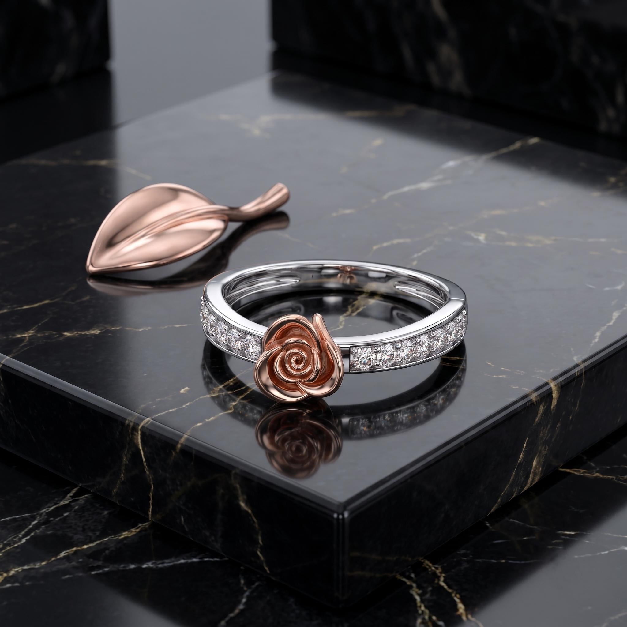 Sterling Silver Rose Gold Moissanite Flower Ring, Floral Cocktail Jewelry