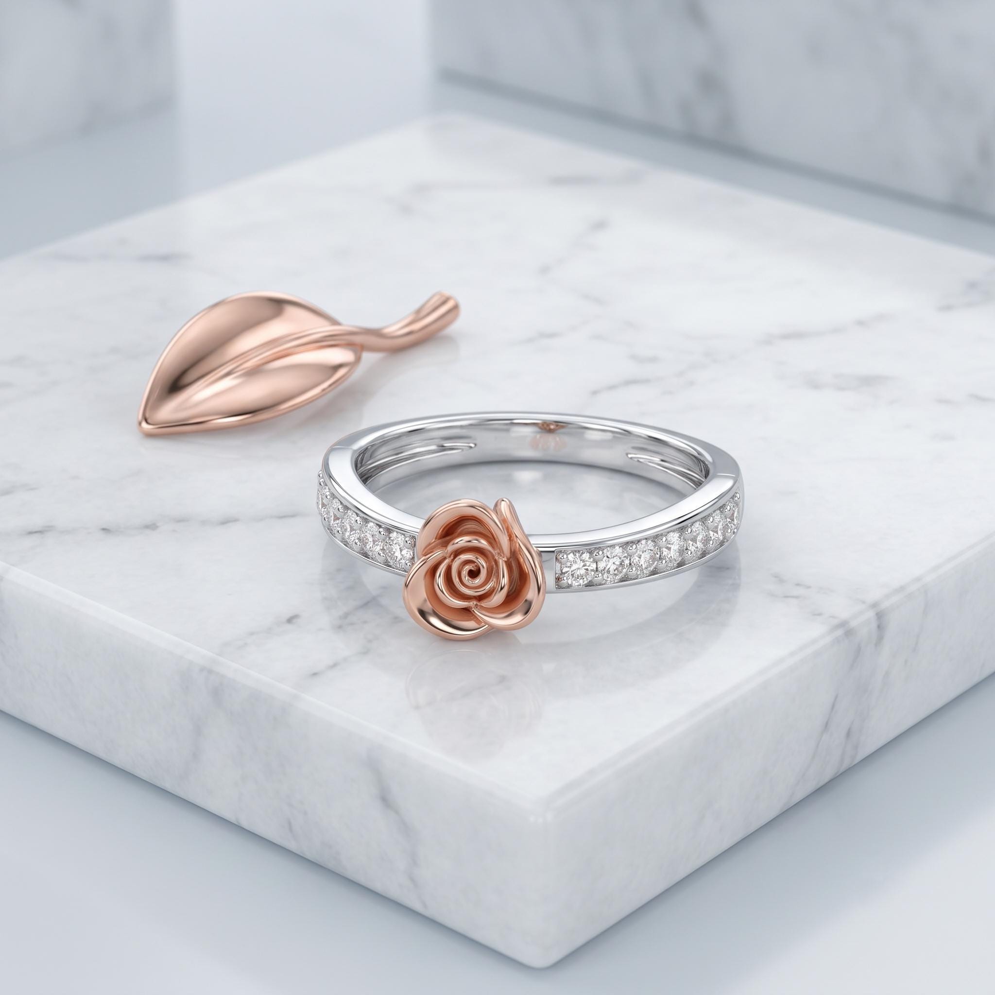 Sterling Silver Rose Gold Moissanite Flower Ring, Floral Cocktail Jewelry