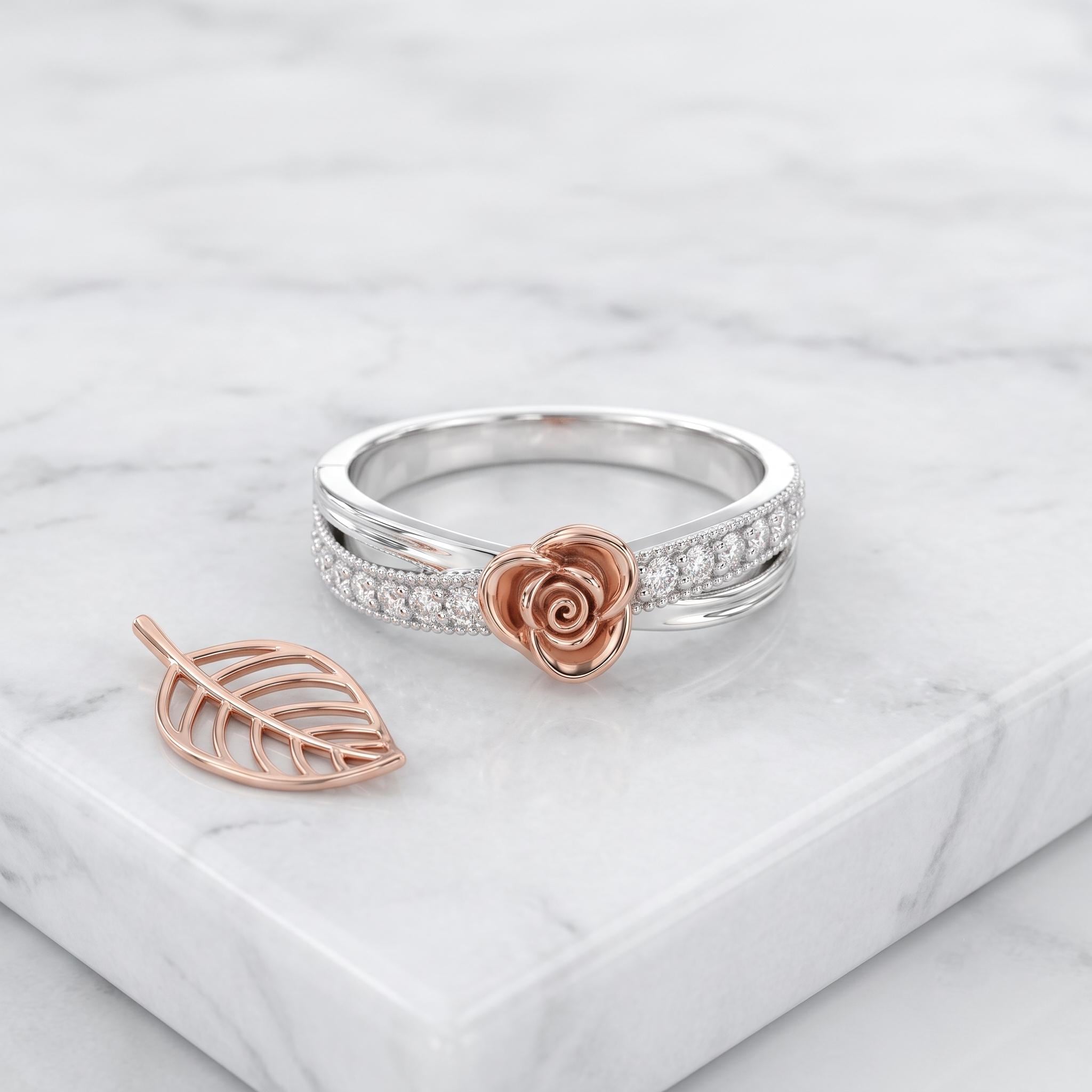 Sterling Silver Moissanite Rose Flower Ring, Two-Tone Floral Design, Dainty Bridal Jewelry