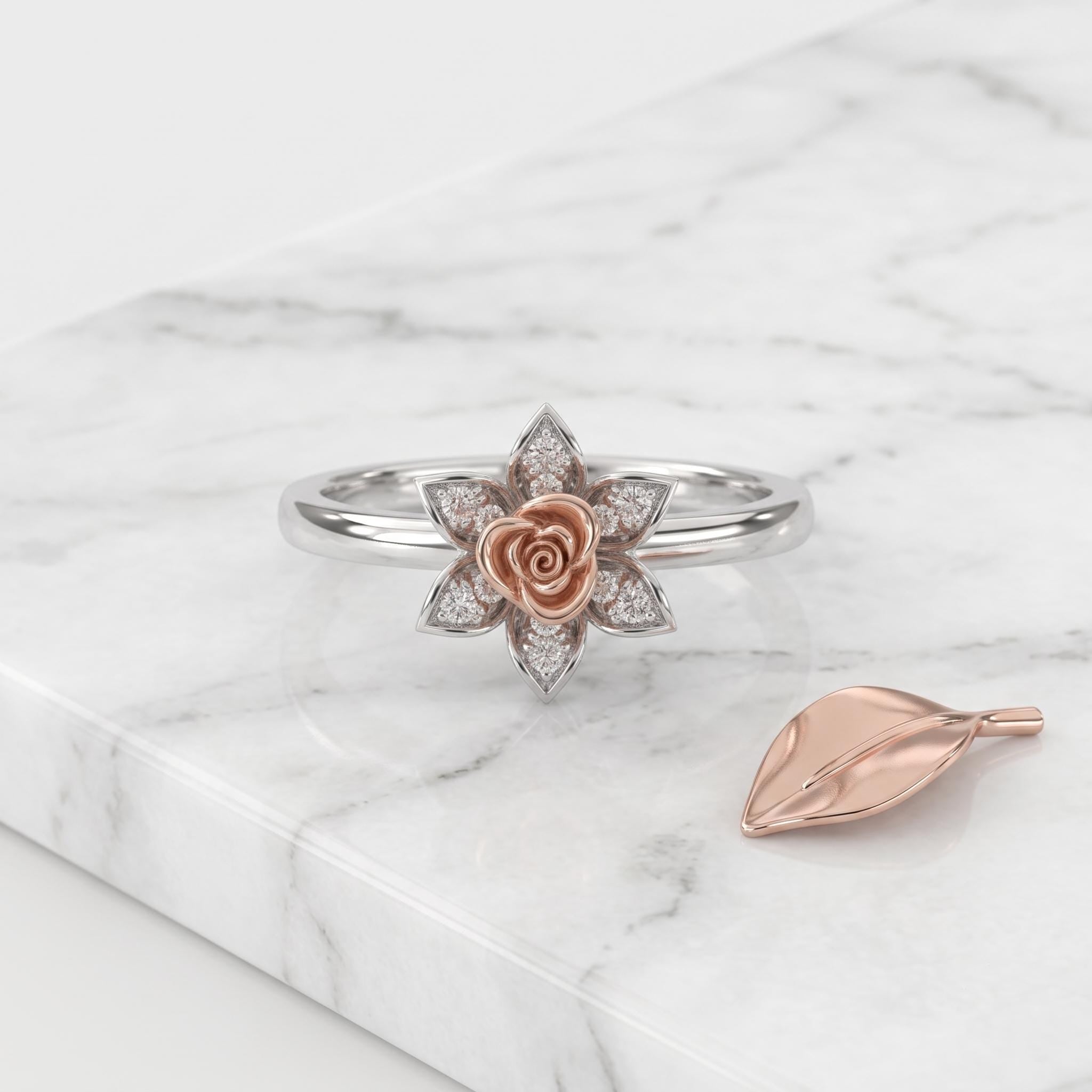Sterling Silver Moissanite Lotus Rose Flower Ring, Botanical Cocktail Jewelry