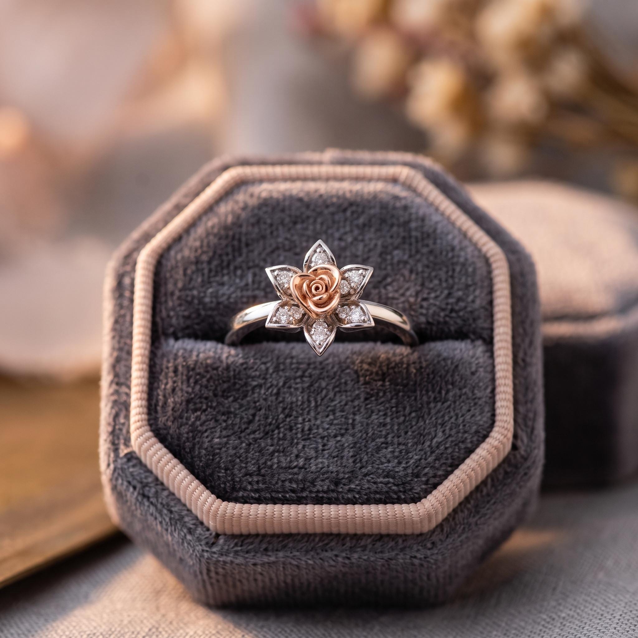 Sterling Silver Moissanite Lotus Rose Flower Ring, Botanical Cocktail Jewelry