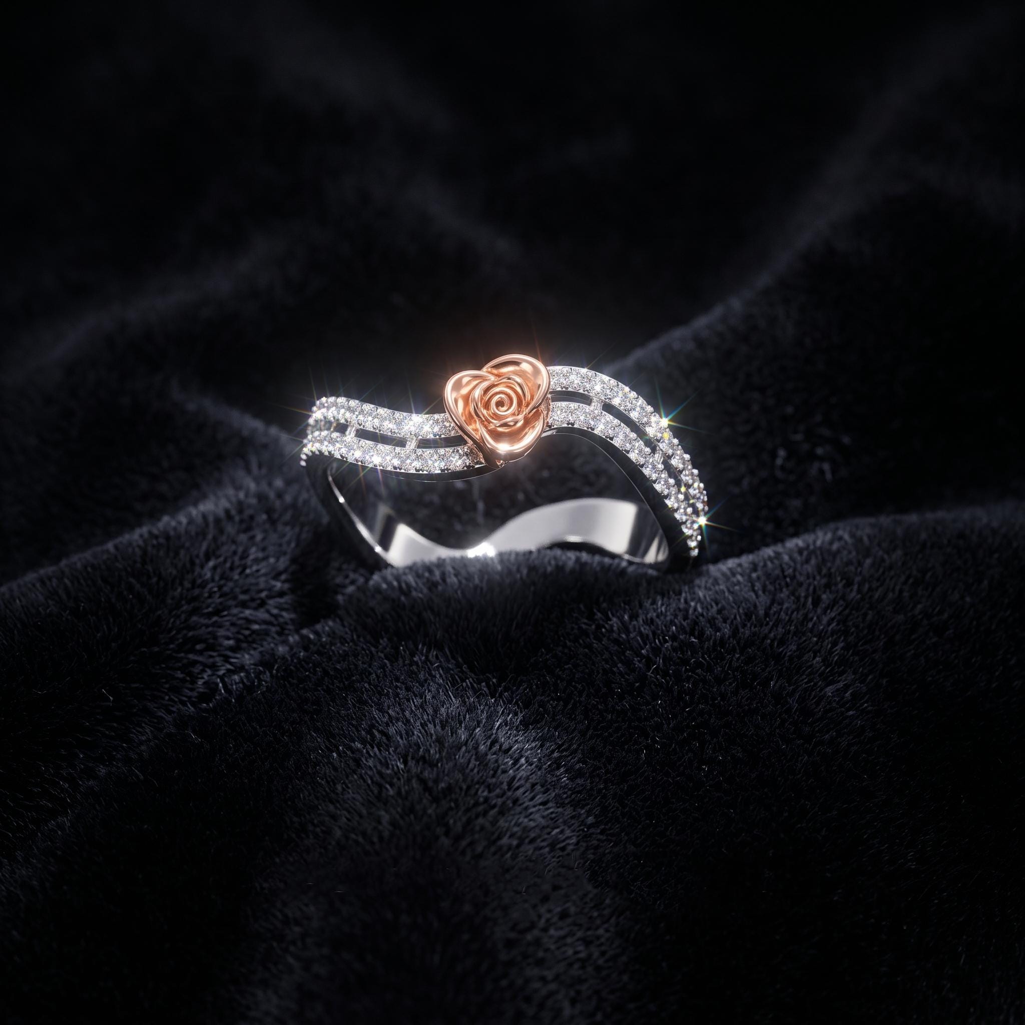 Sterling Silver Moissanite Rose Flower Ring, Double Row Wave Band, Botanical Statement Jewelry