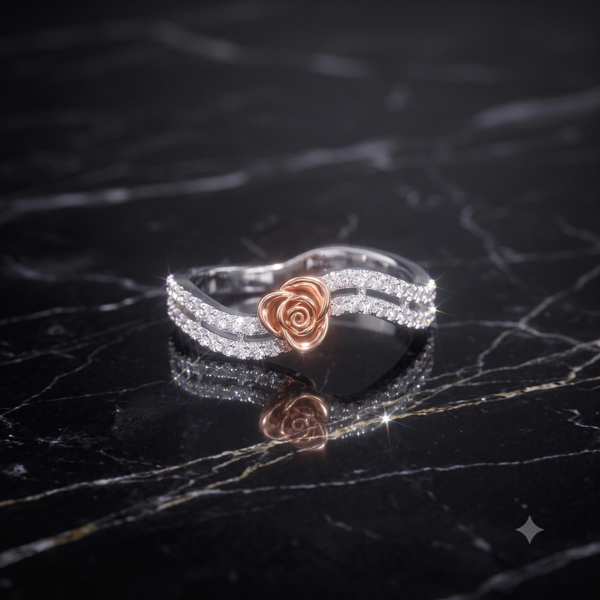 Sterling Silver Moissanite Rose Flower Ring, Double Row Wave Band, Botanical Statement Jewelry