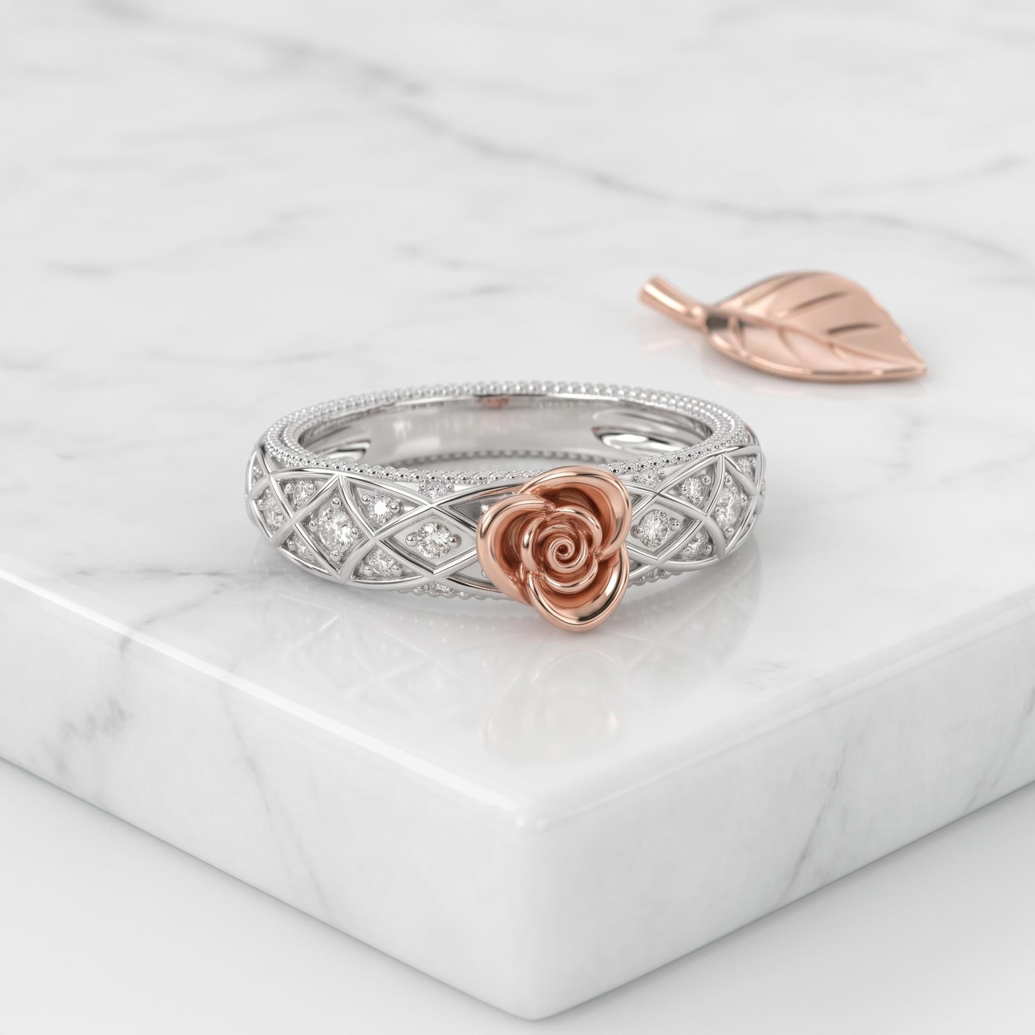Sterling Silver Moissanite Rose Ring, Floral Milgrain Design, Bridal Jewelry