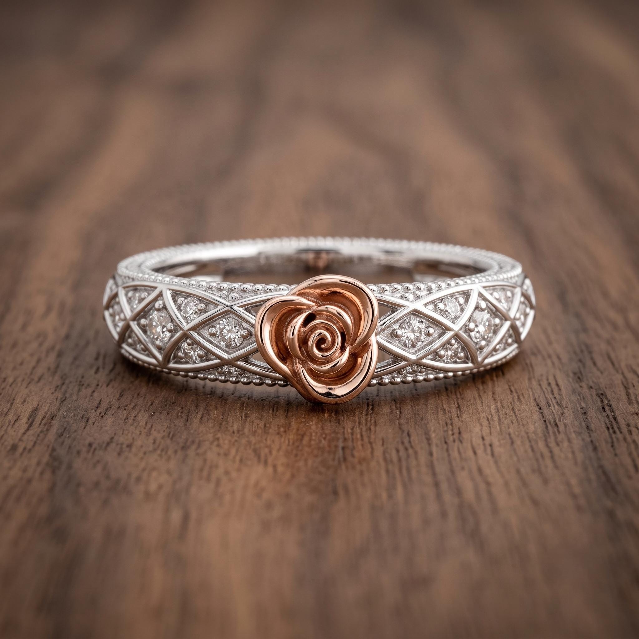 Sterling Silver Moissanite Rose Ring, Floral Milgrain Design, Bridal Jewelry