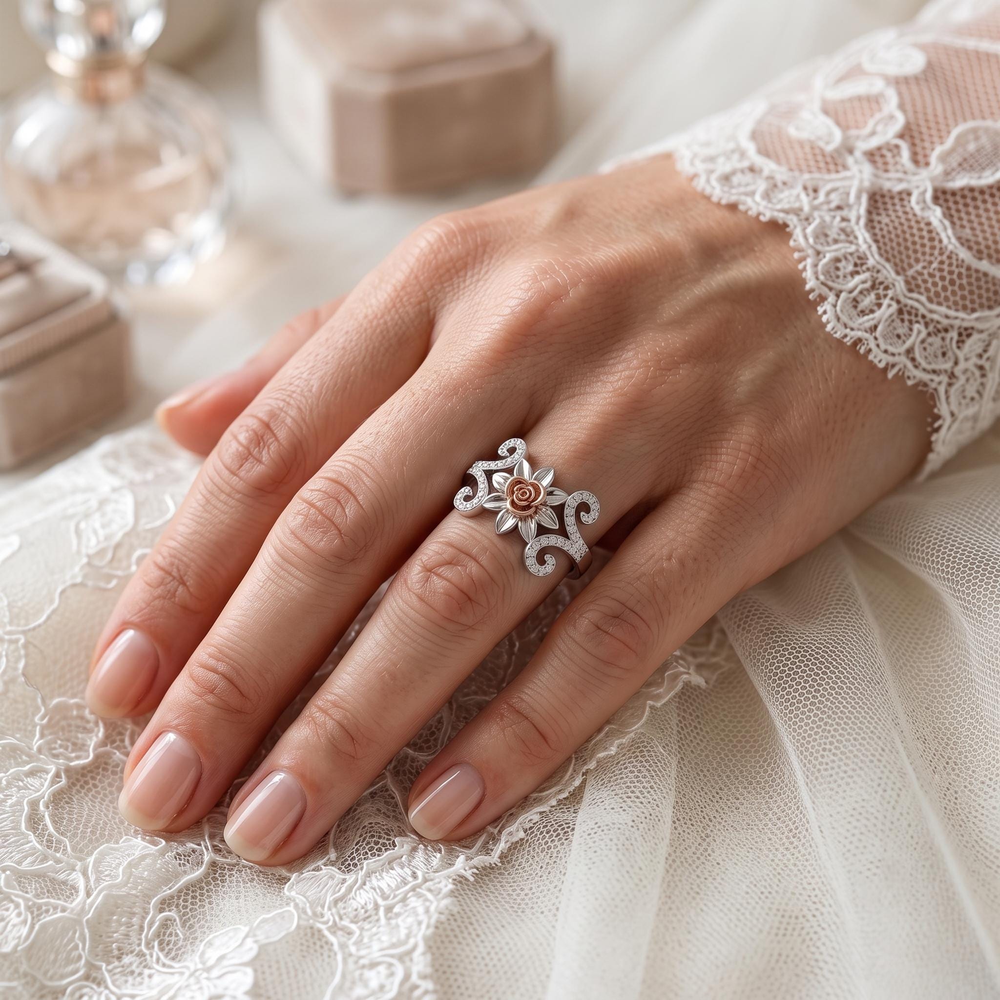 Sterling Silver Moissanite Floral Cocktail Ring, Rose Gold Detail, Art Nouveau Style