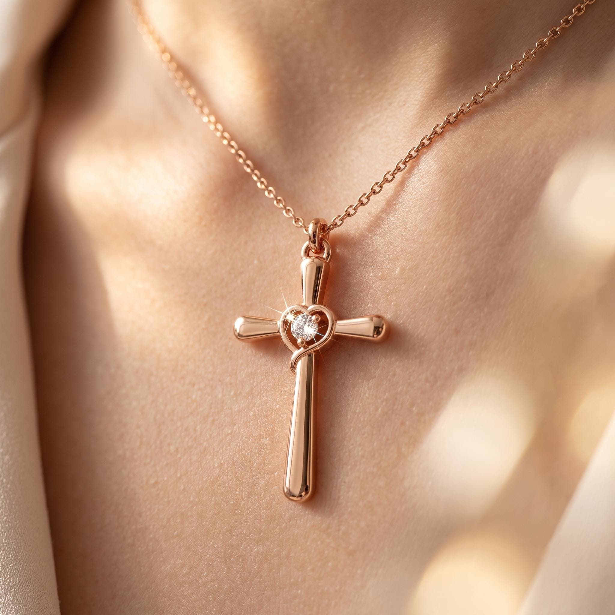 Moissanite Heart Cross Necklace, 925 Sterling Silver, Rose Gold Finish, Faith Jewelry