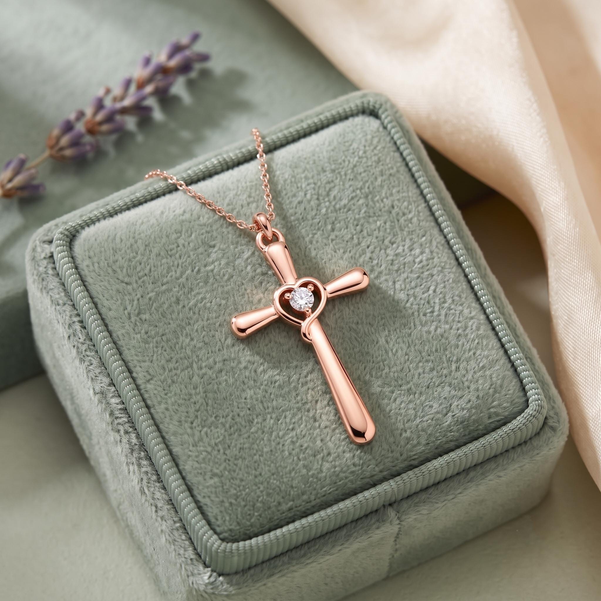 Moissanite Heart Cross Necklace, 925 Sterling Silver, Rose Gold Finish, Faith Jewelry