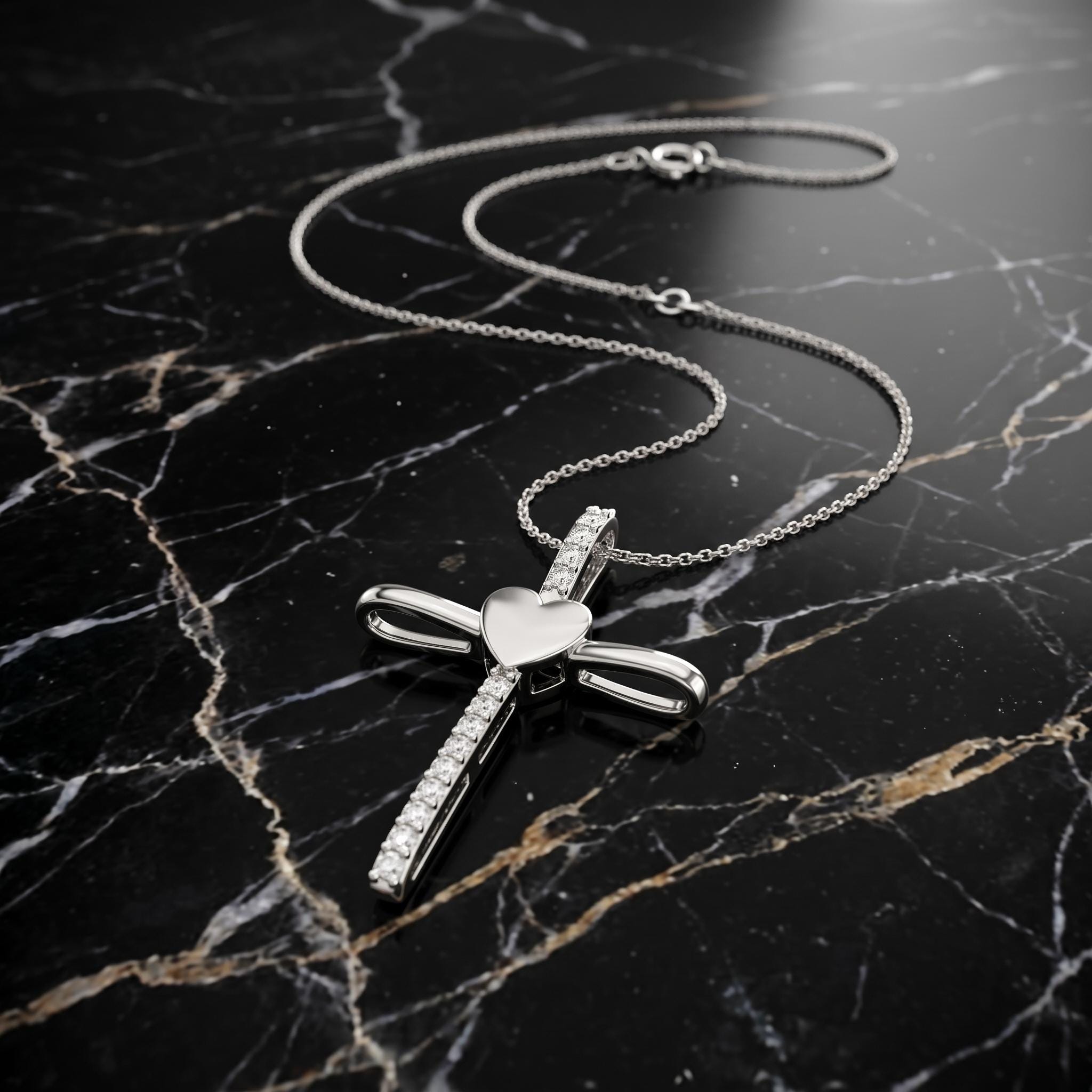 Moissanite Heart Cross Necklace, 925 Sterling Silver Rose Gold Plated Pendant, Dainty Faith Charm