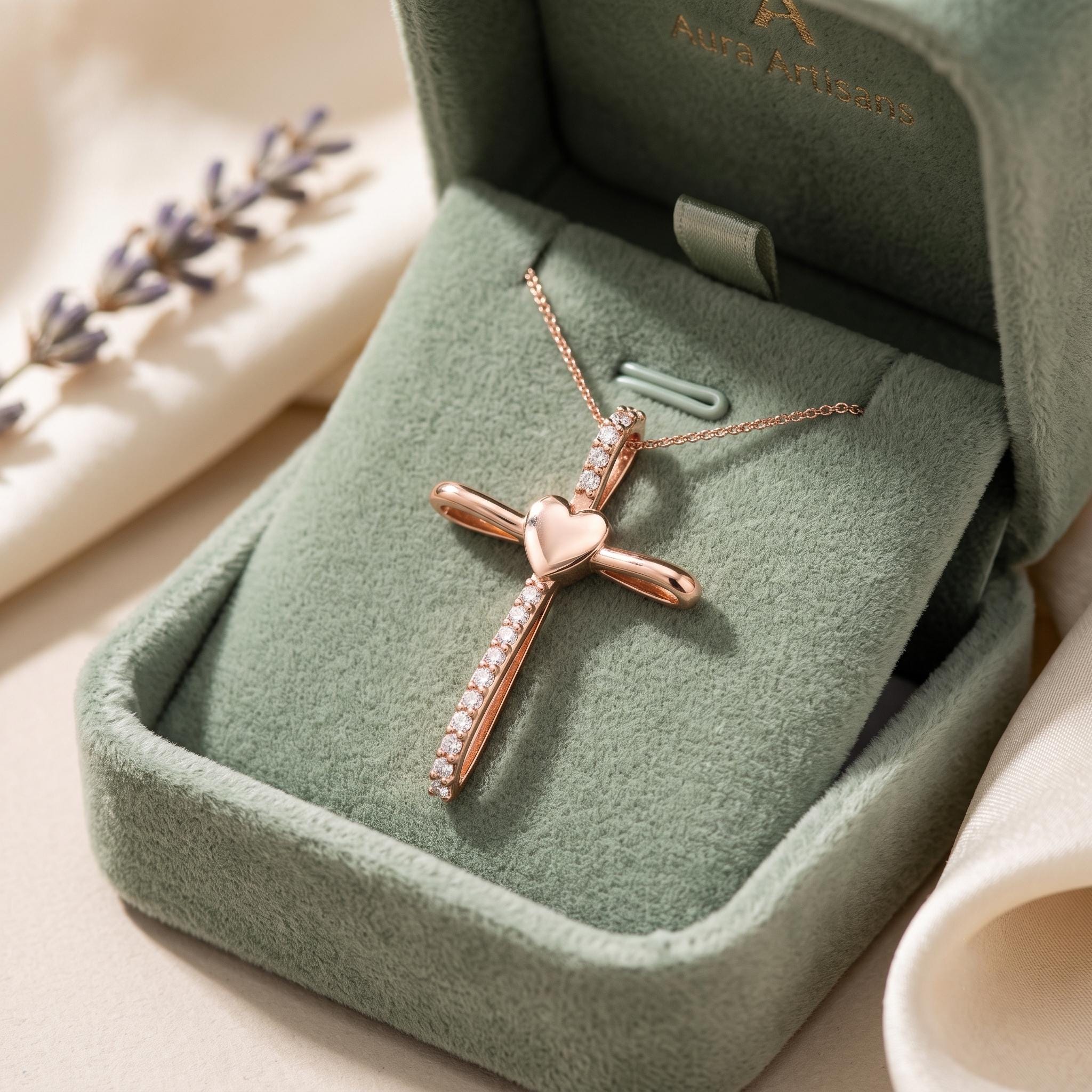 Moissanite Heart Cross Necklace, 925 Sterling Silver Rose Gold Plated Pendant, Dainty Faith Charm