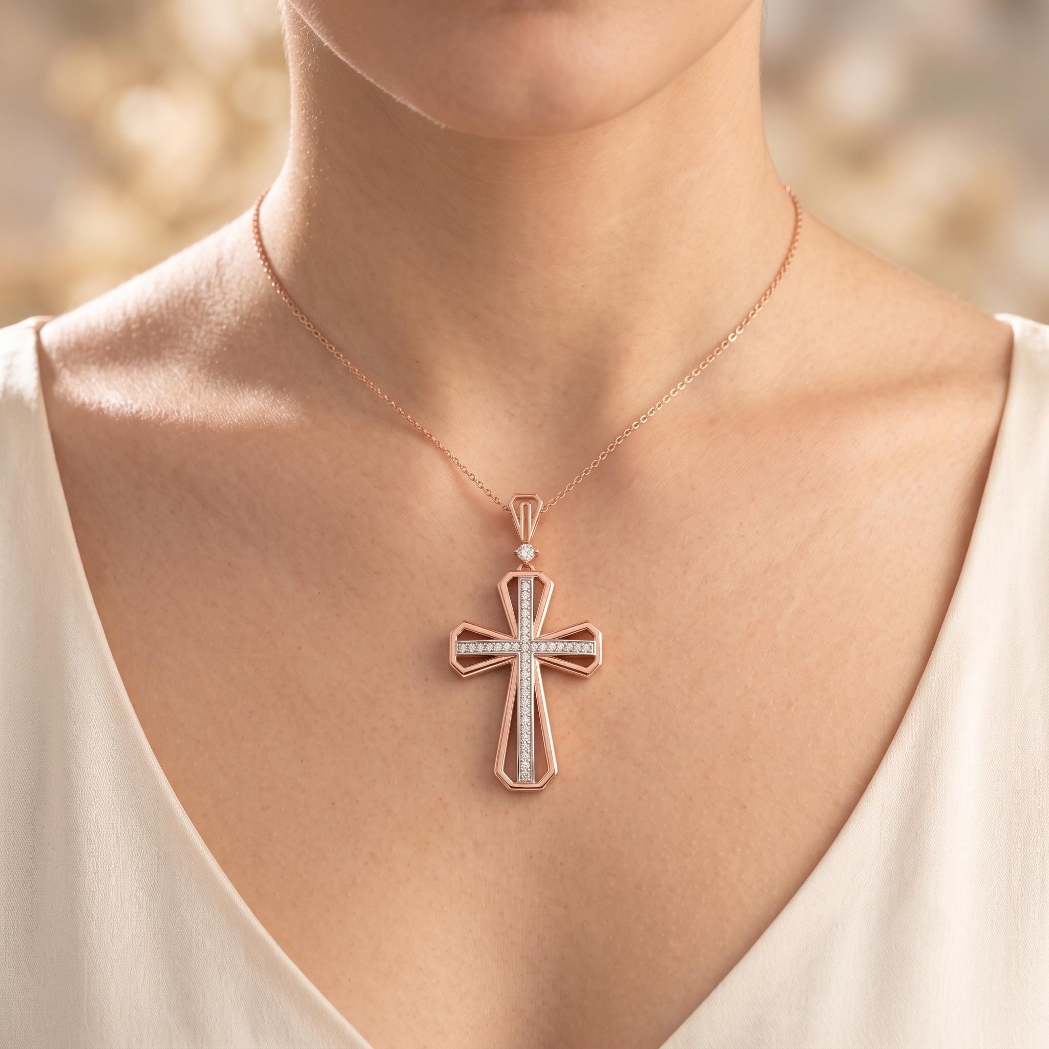 Two-Tone Moissanite Cross Necklace, 925 Sterling Silver Christian Charm Pendant (18" Chain)