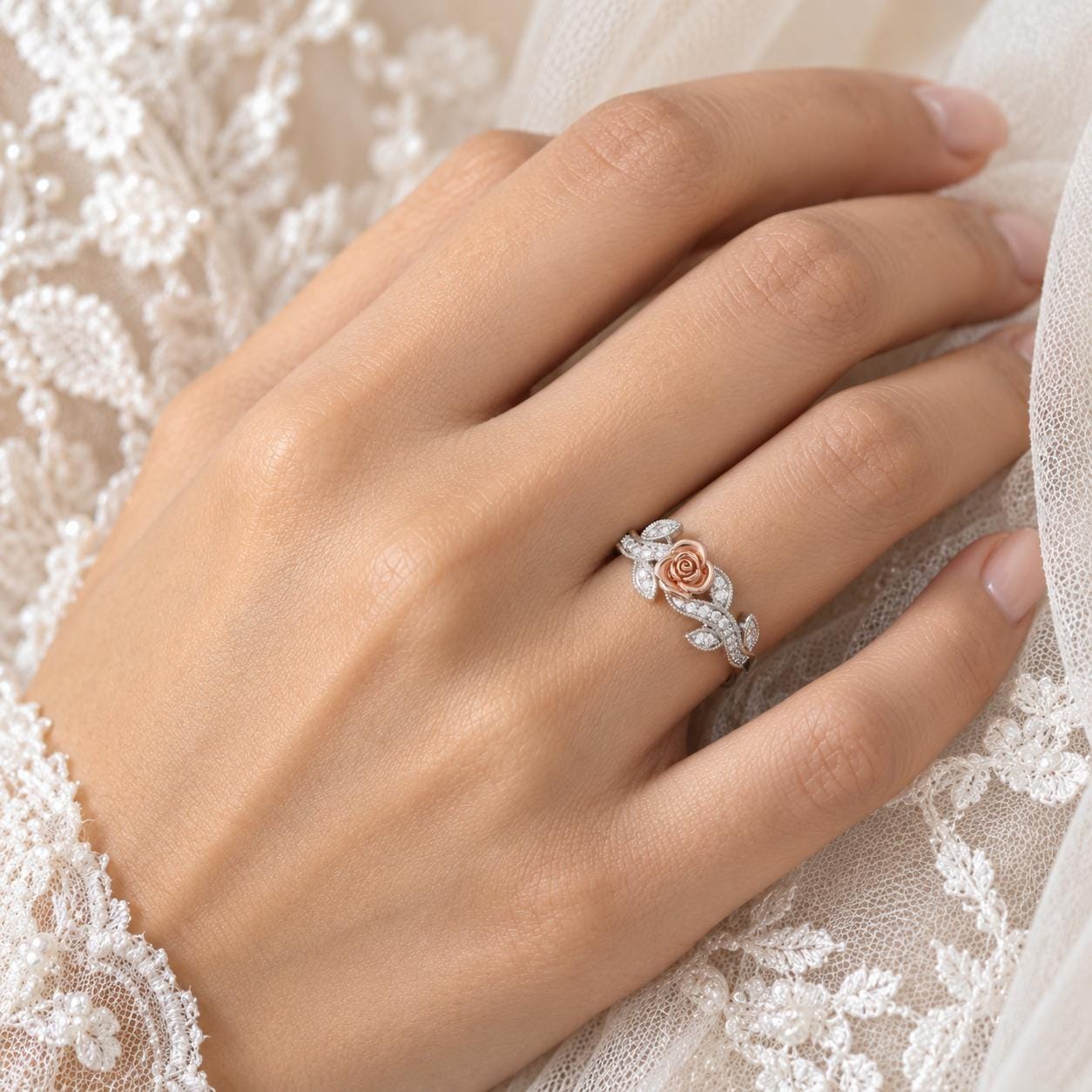 Sterling Silver Moissanite Floral Ring, Rose-Gold Leaf Motif, Statement Jewelry