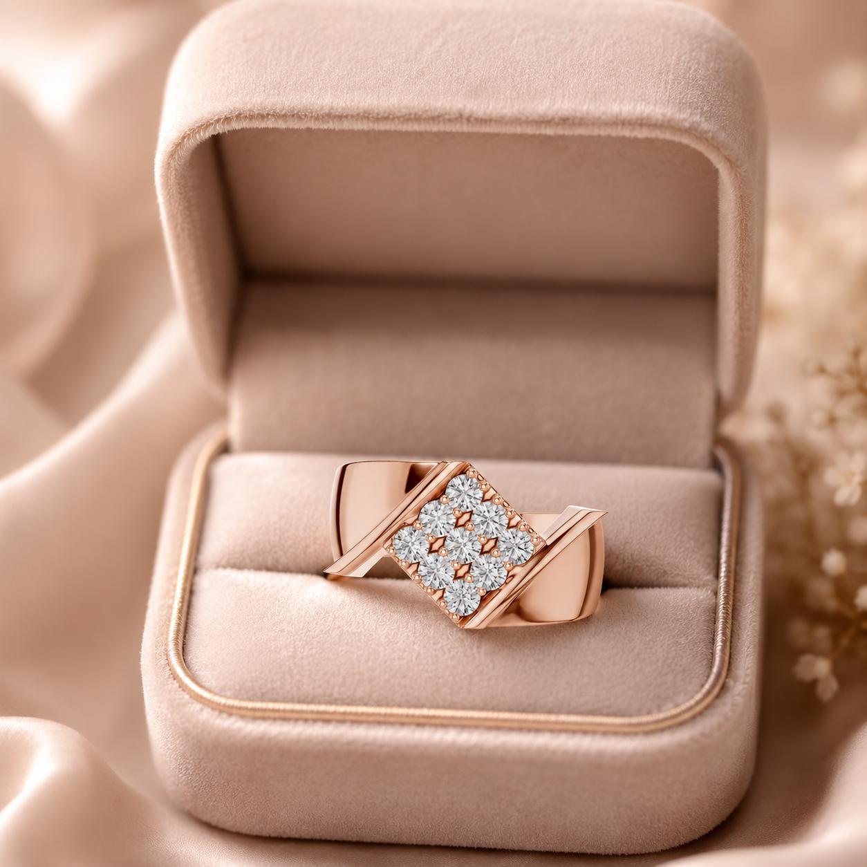 Men's Square Moissanite Ring, Rose Gold Plated Sterling Silver, Round Cut Cluster Ring