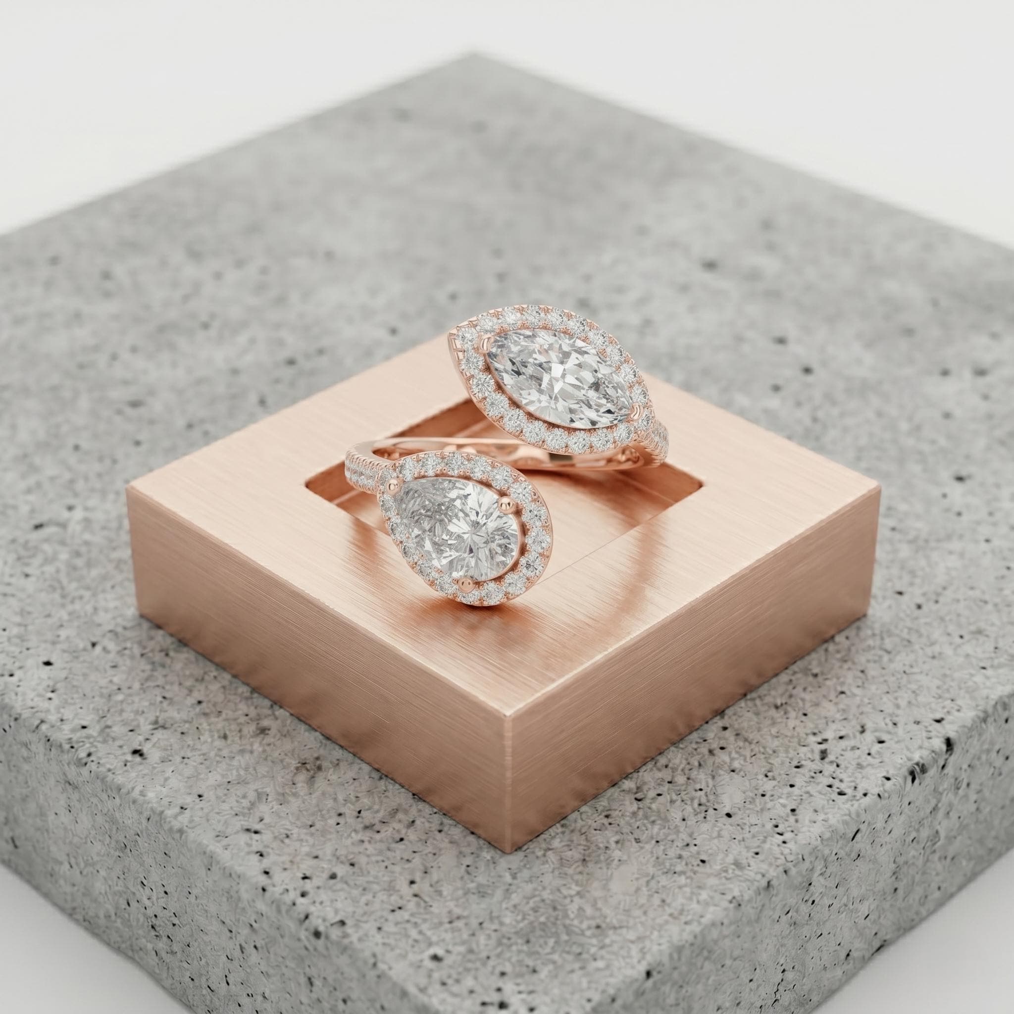 Toi et Moi Pear Marquise Moissanite Ring, Open Bypass Sterling Silver Double Halo Bridal