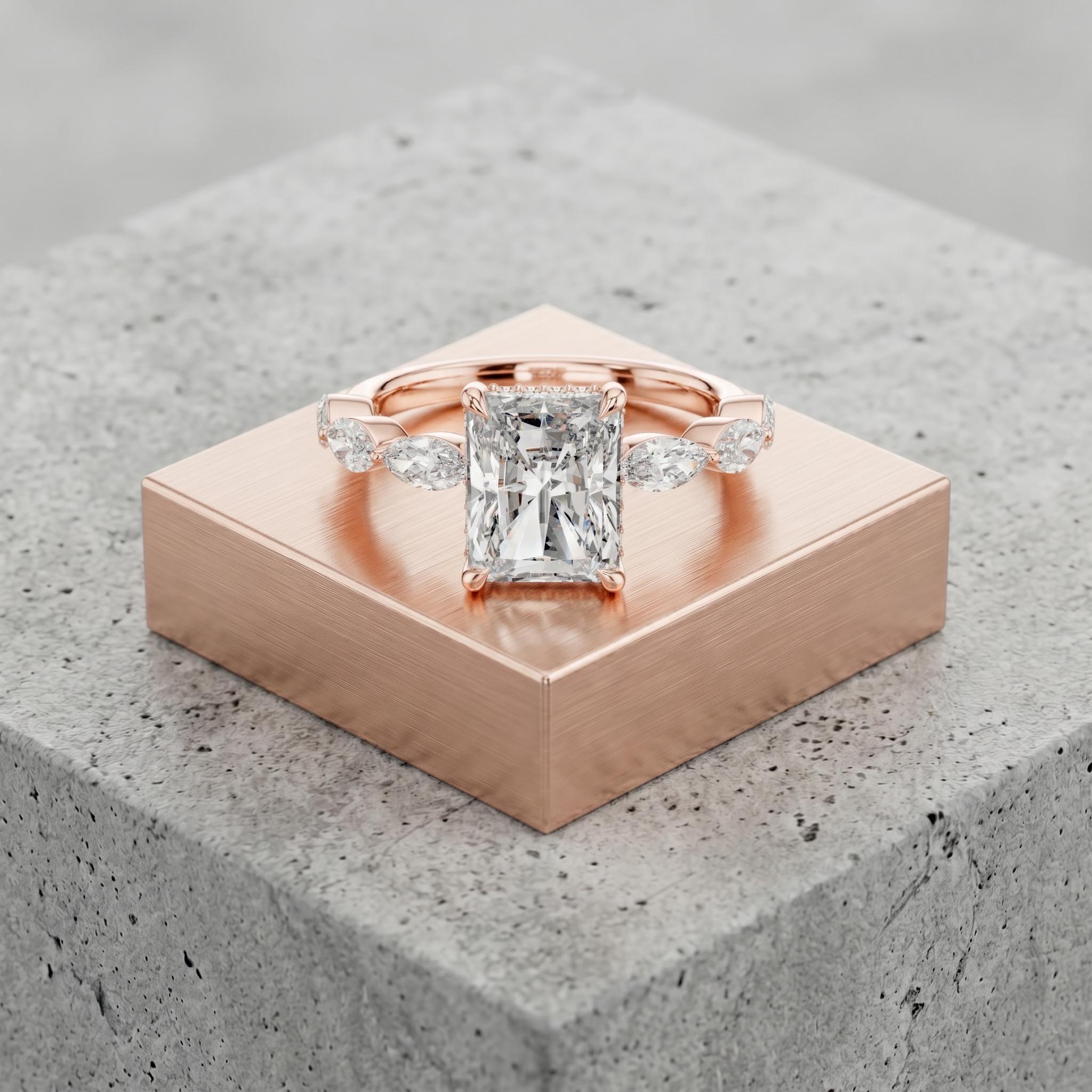 Radiant Cut Moissanite Engagement Ring, Sterling Silver Marquise Side Stone, Anniversary Promise Ring
