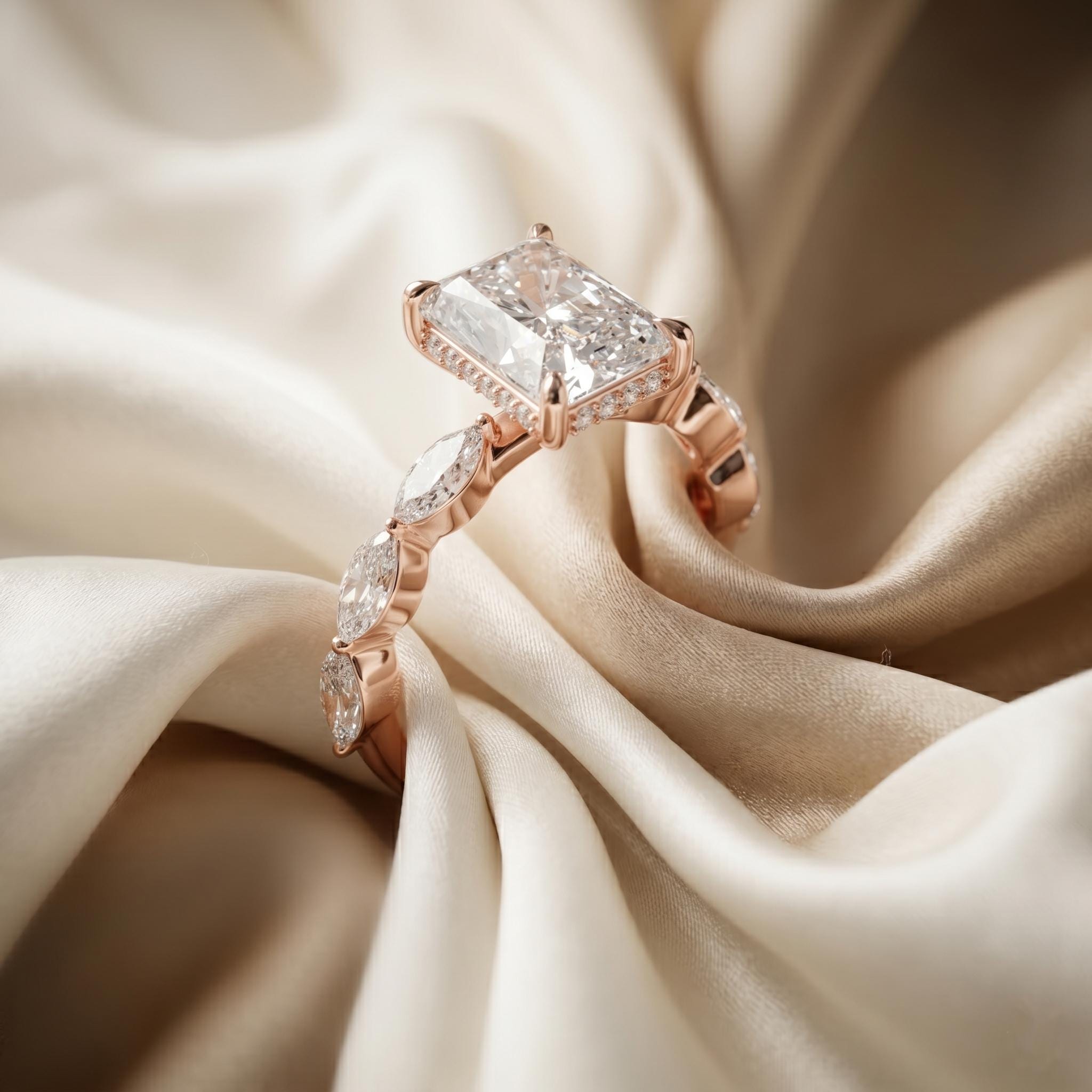 Radiant Cut Moissanite Engagement Ring, Sterling Silver Marquise Side Stone, Anniversary Promise Ring