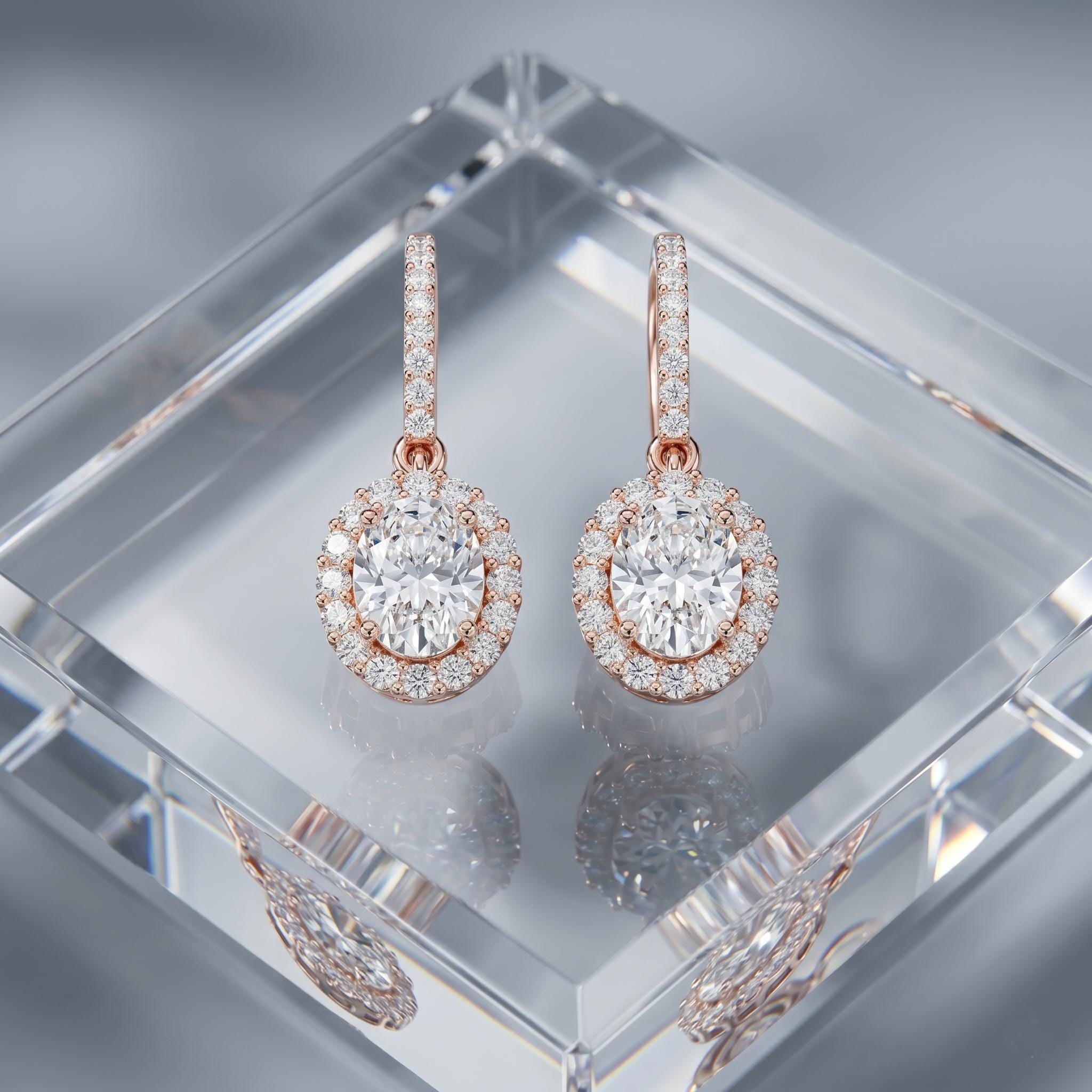 Oval Cut Moissanite Hanging Dangle Earrings, Rose Gold Vermeil, Sterling Silver Bridal halo Jewelry