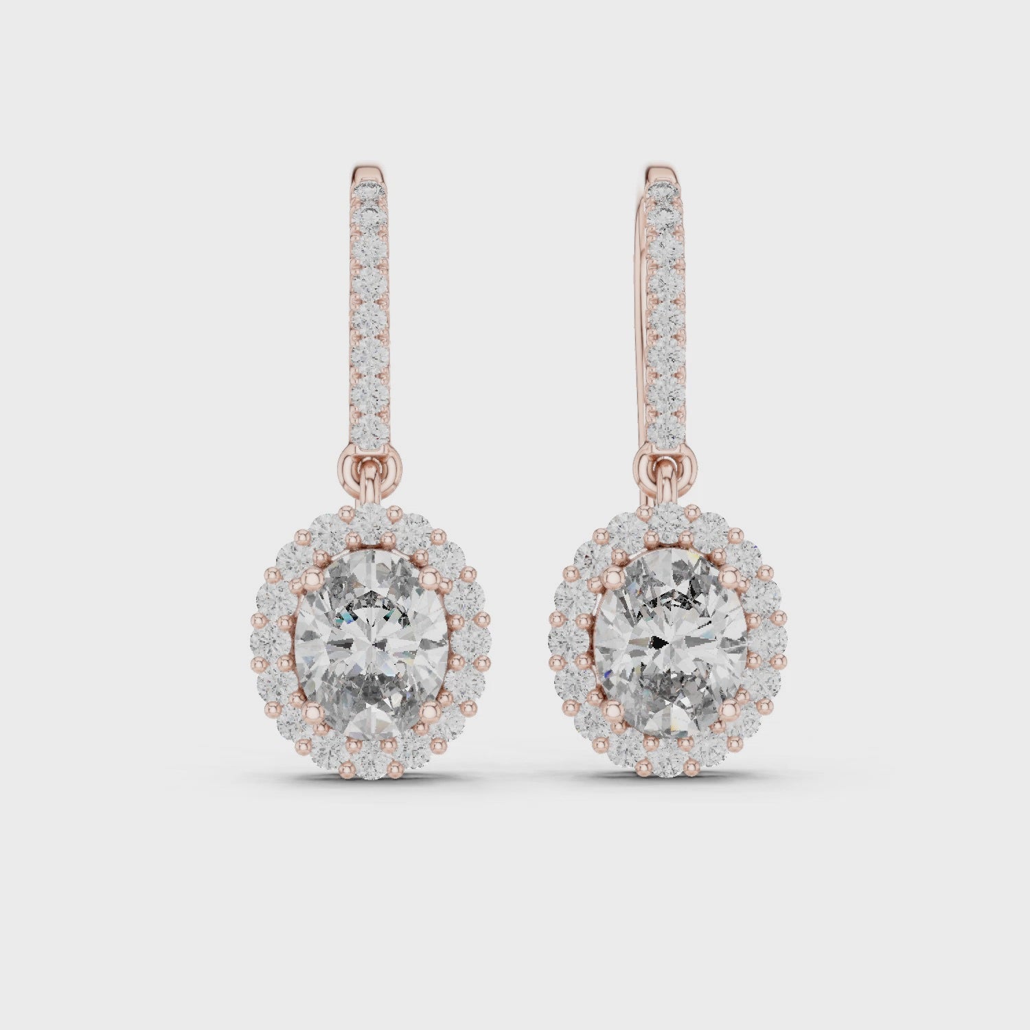 Oval Cut Moissanite Hanging Dangle Earrings, Rose Gold Vermeil, Sterling Silver Bridal halo Jewelry