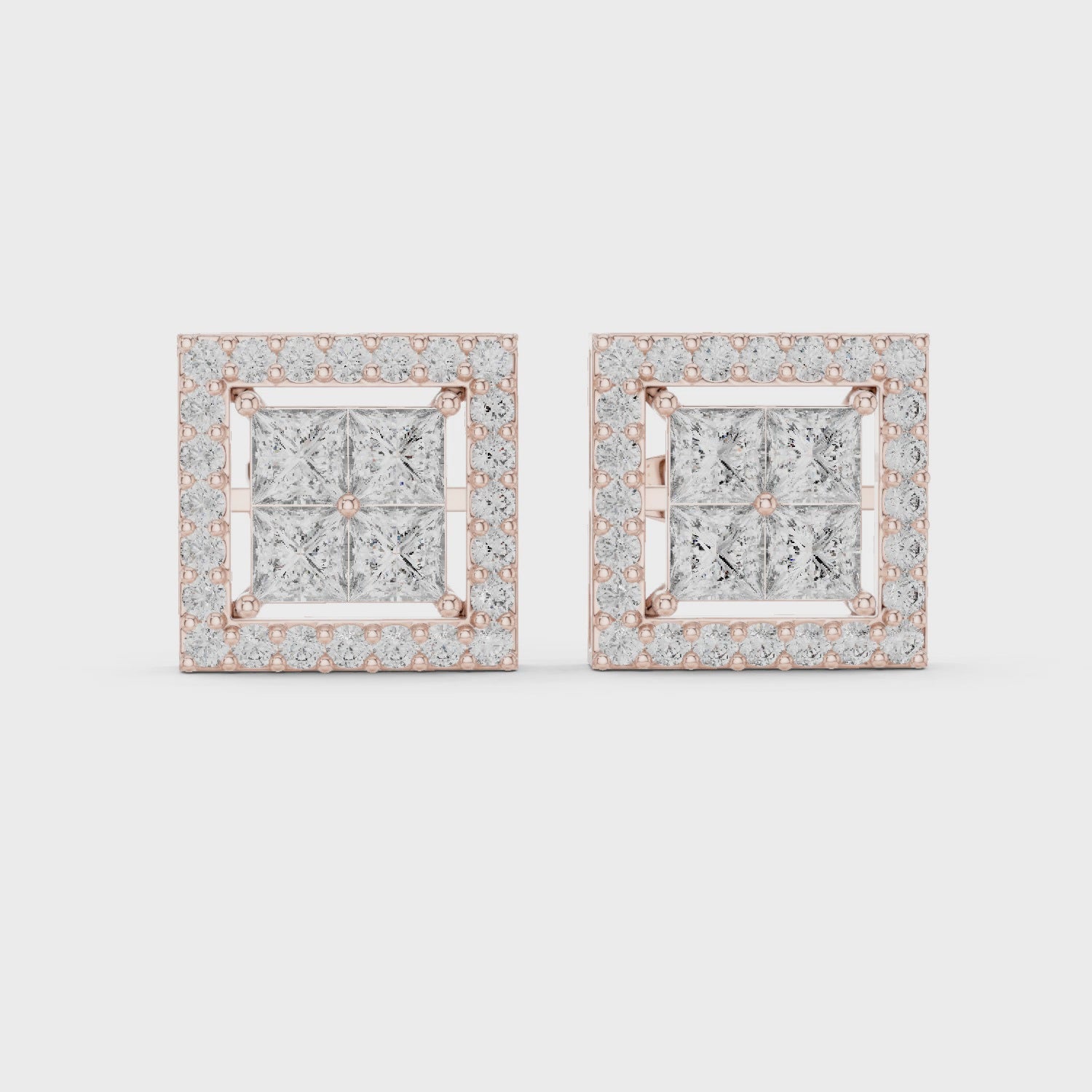 Princess Cut Moissanite Halo Stud Earrings, Sterling Silver Square Geometric Sparkle