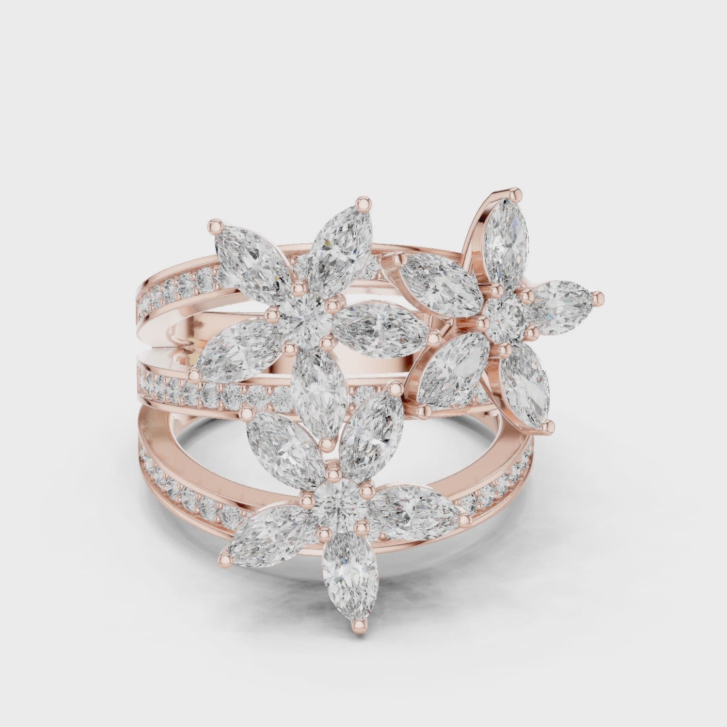 Marquise Moissanite Floral Cluster Ring, Sterling Silver Vermeil Statement Band, Multi Layer Flower Ring
