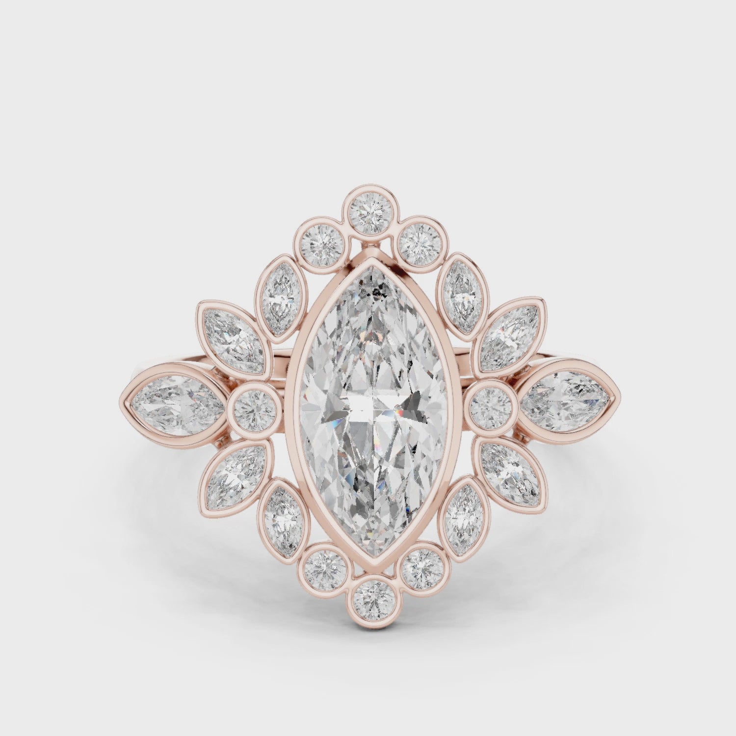 Marquise Cut Moissanite Engagement Ring, Rose Gold Over Silver Vintage Halo Ring, Art Deco Cluster Promise Ring, Handmade Fine Jewelry Gift