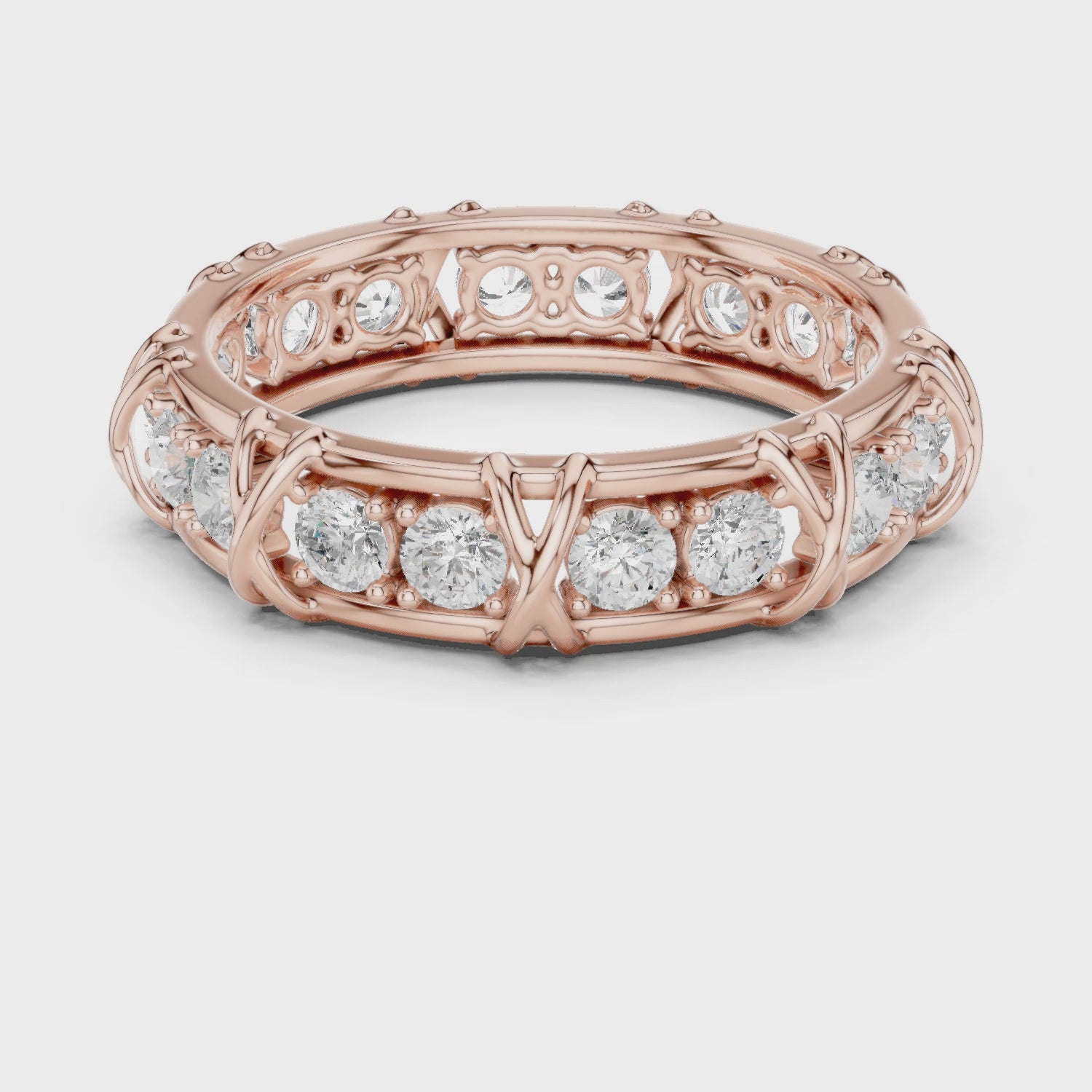 Sterling Silver Moissanite Cross Band Ring, Rose Gold Finish Eternity Wedding Band