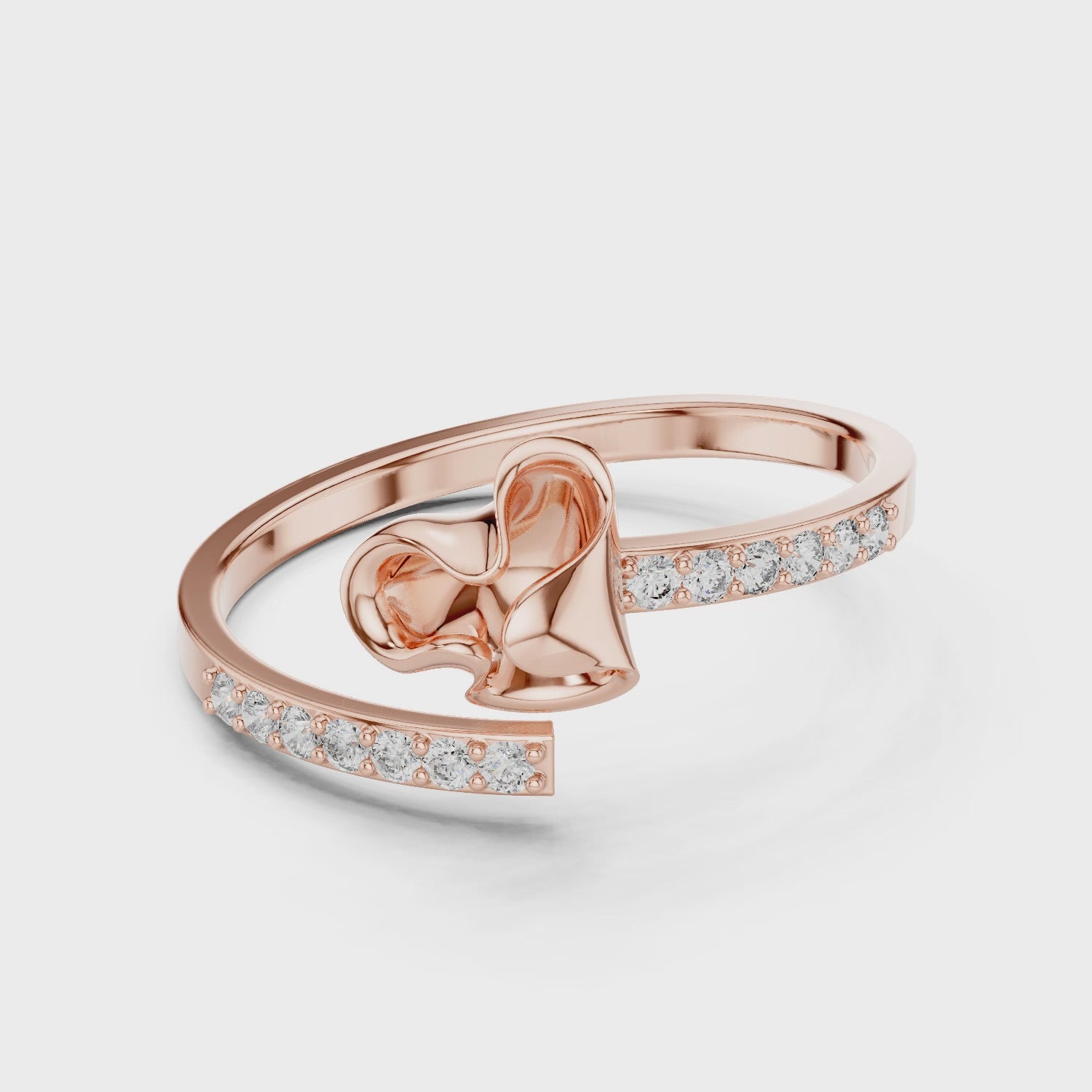 14K Solid Gold Moissanite Bypass Ring, Fluid Flower Organic Leaf Design