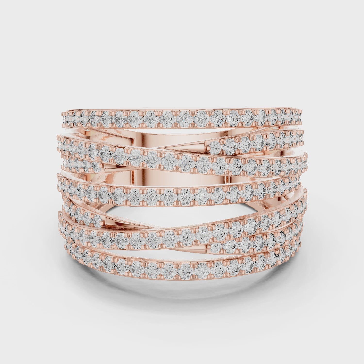 Moissanite Crossover Ring, Sterling Silver Rose Gold Multi Band Statement Ring