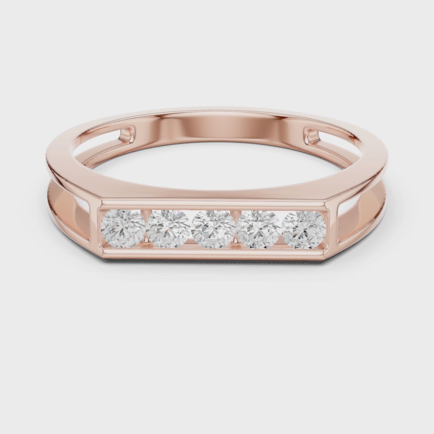 Men's Moissanite Wedding Band, Sterling Silver Five Stone Ring, Rose Gold Finish