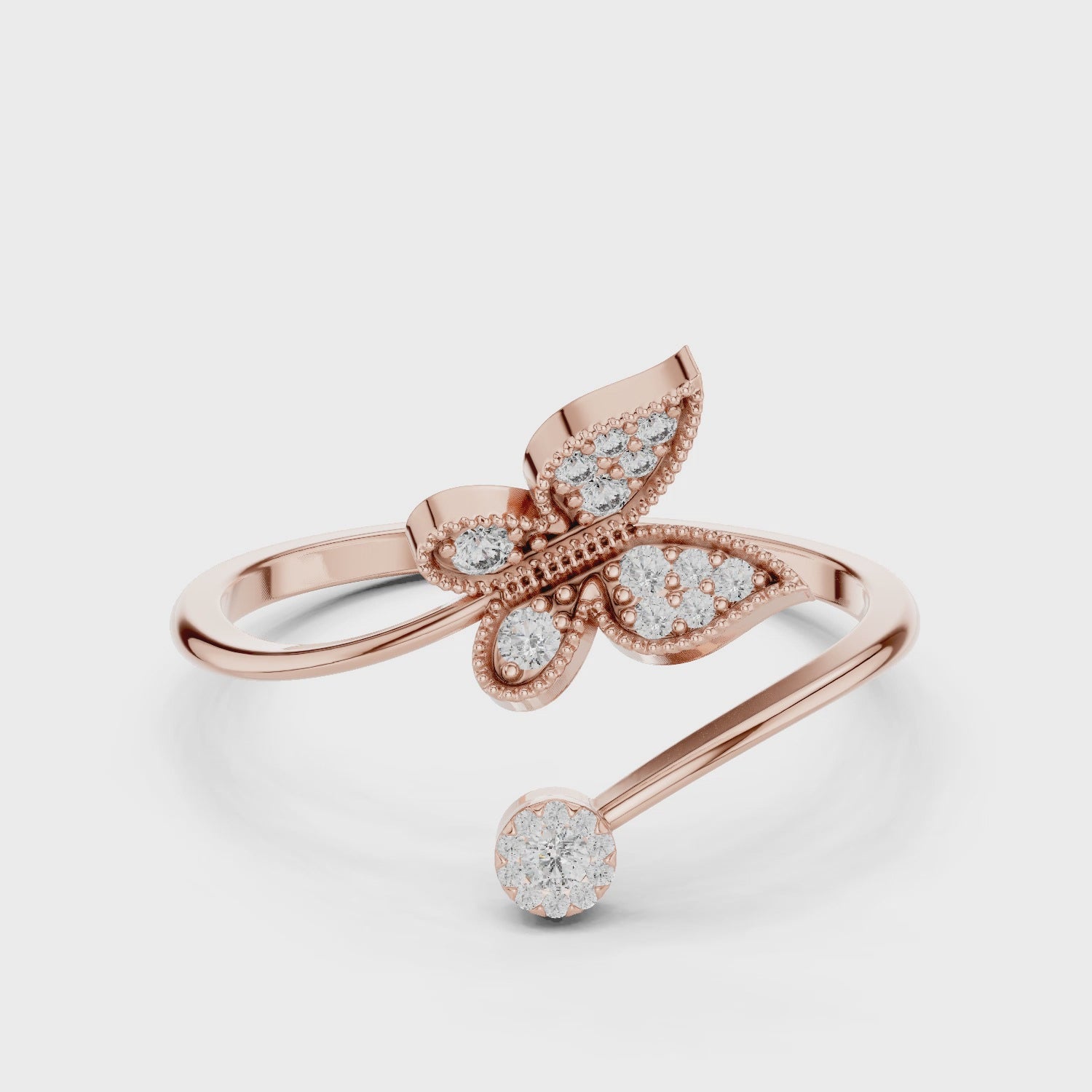 14K Solid Gold Butterfly Ring, Moissanite Open Wrap, Nature Inspired Milgrain Detail
