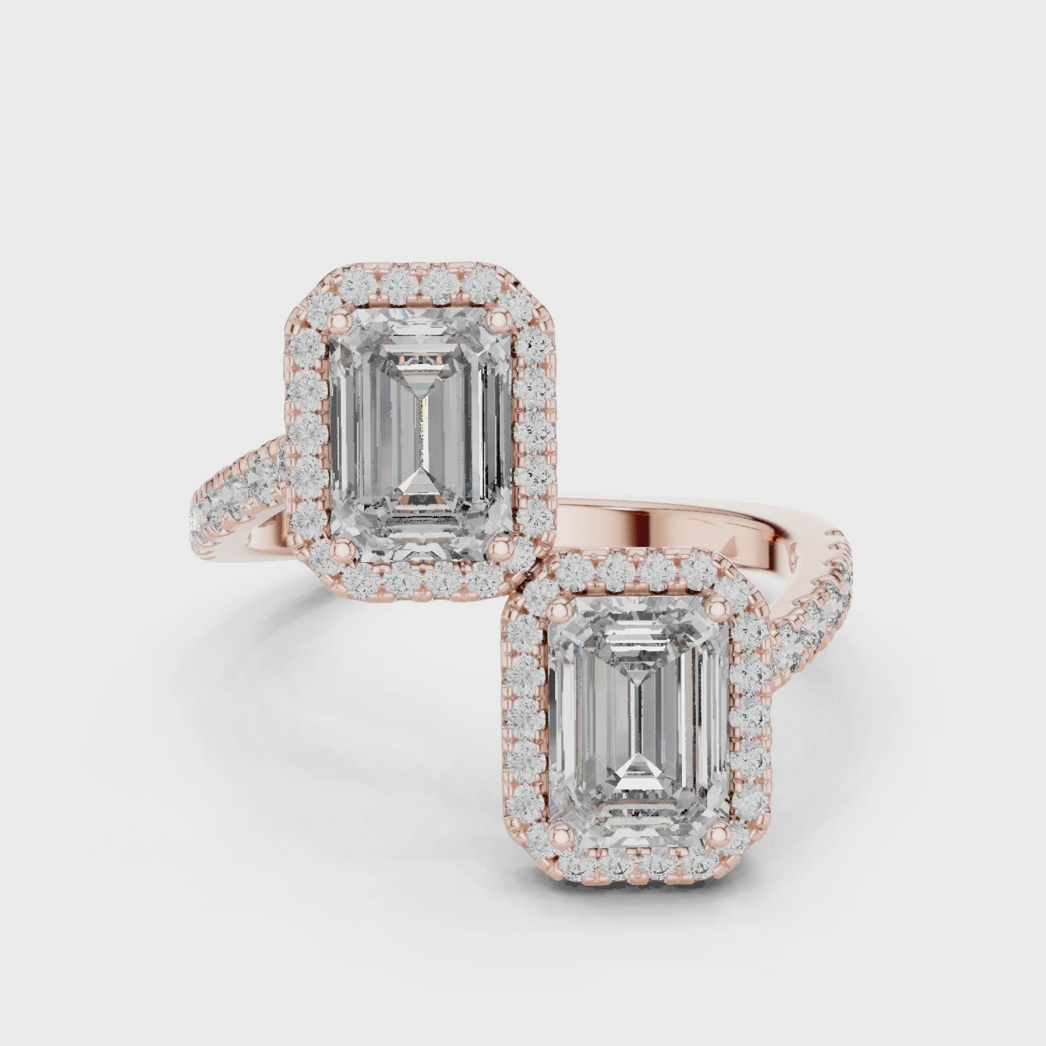 Toi et Moi Moissanite Ring, Emerald Cut Two Stone Open Bypass, Sterling Silver Engagement