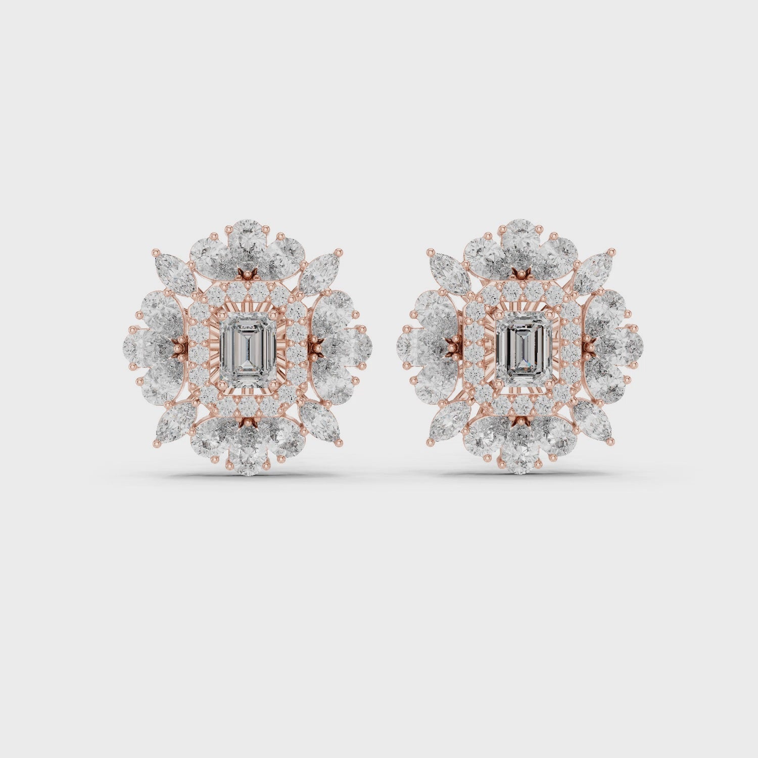 Emerald Cut Moissanite Flower Earrings, 925 Sterling Silver Halo Studs