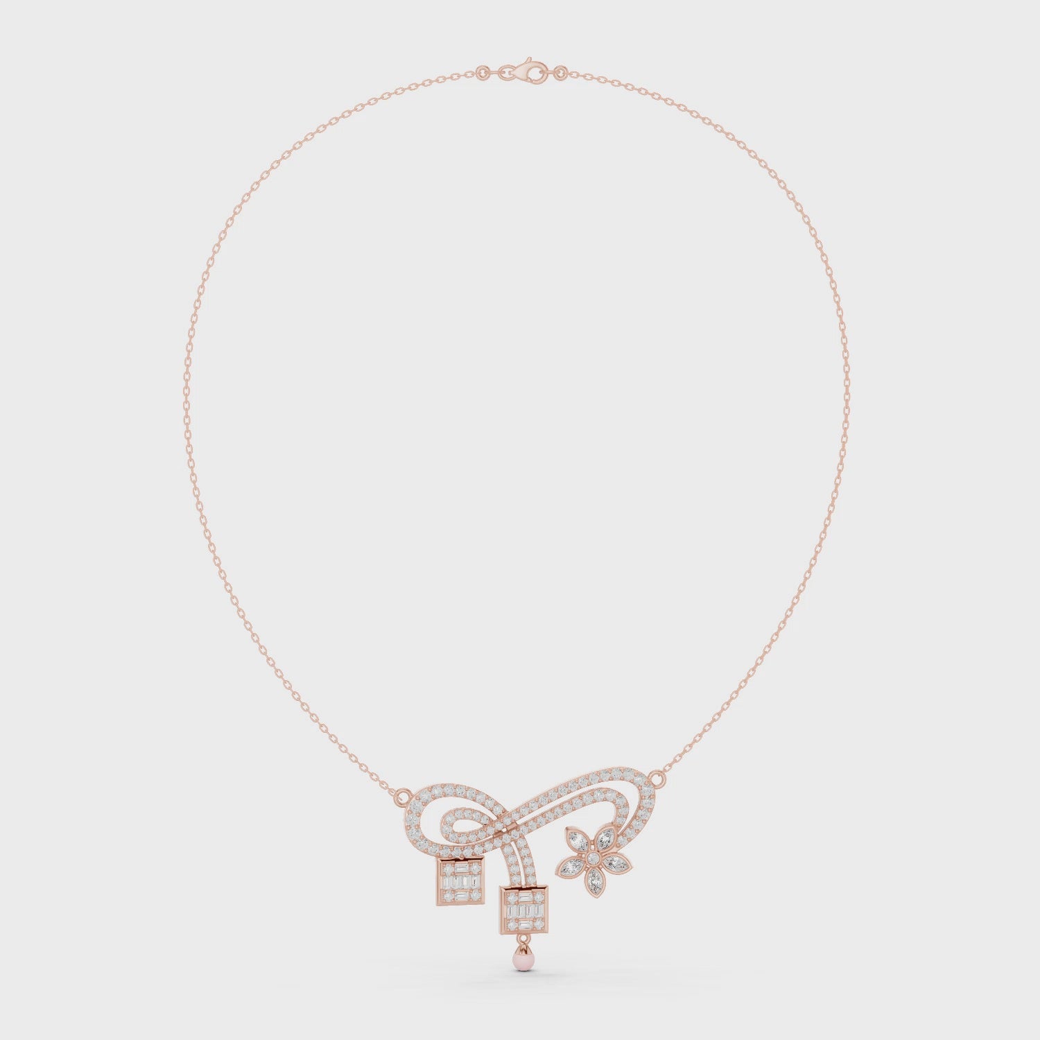 Art Deco Floral Moissanite Pendant Necklace, Rose Gold Sterling Silver, Baguette Cluster
