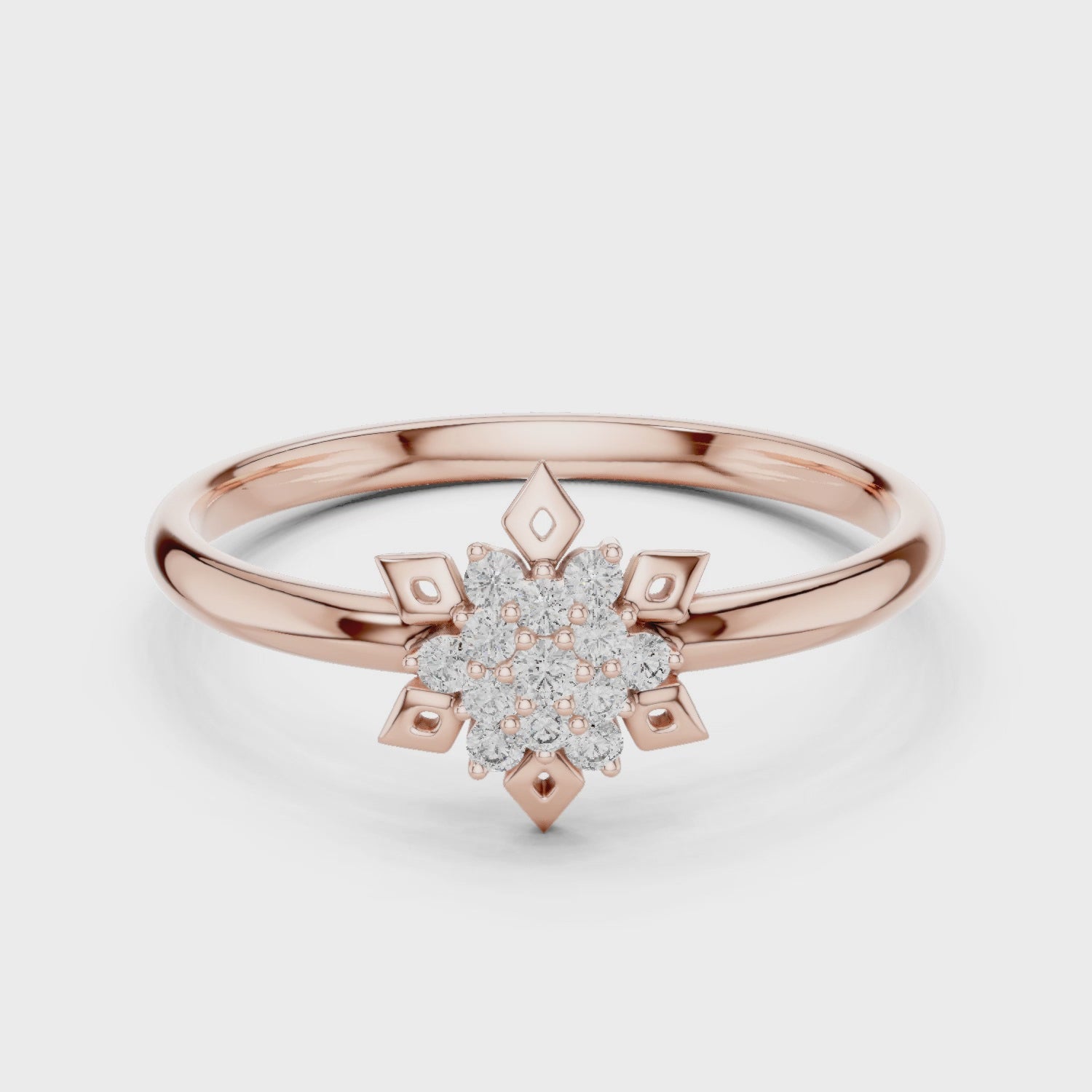 Vintage Moissanite Snowflake Ring, 14k Rose Gold Floral Starburst Engagement Wedding Band