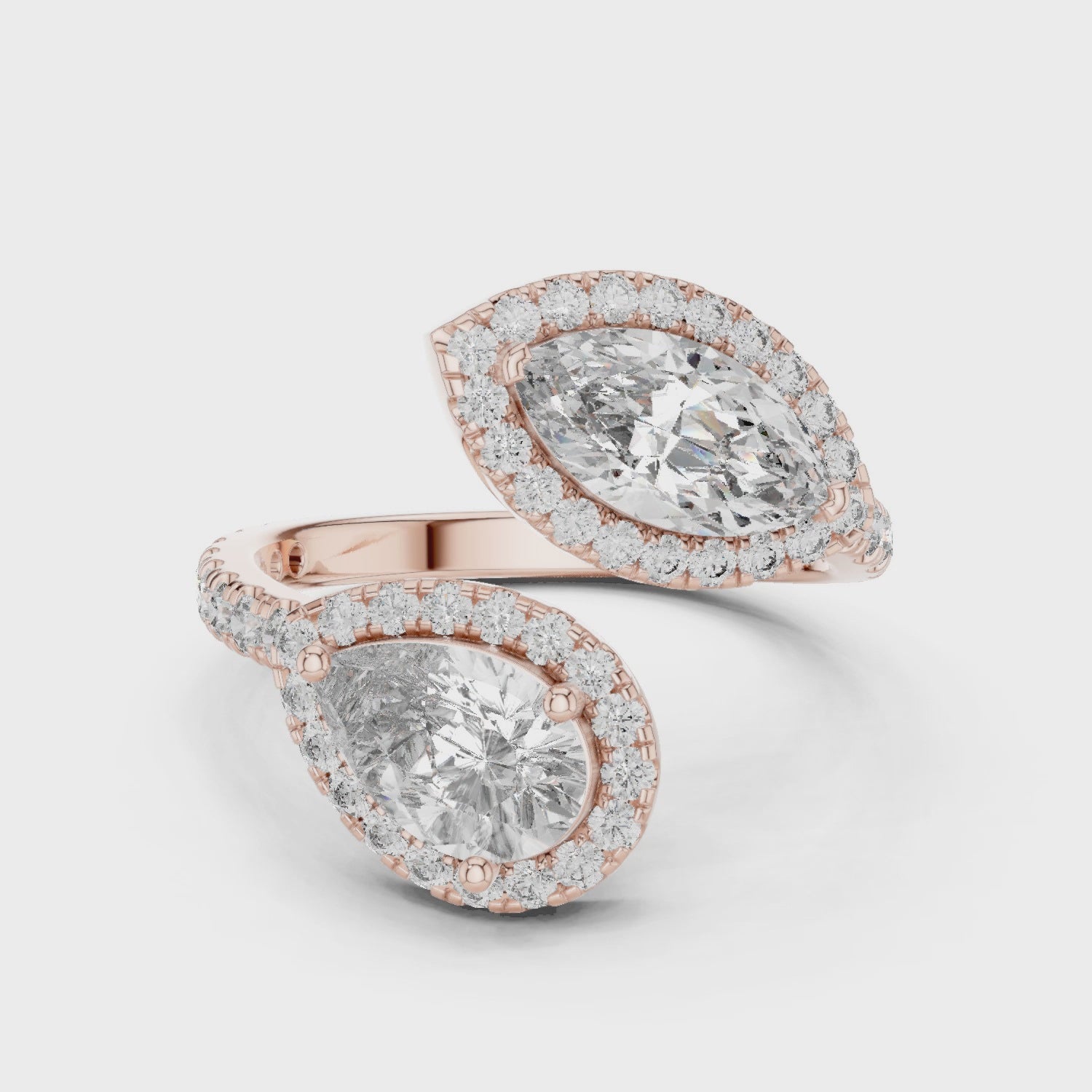 Toi et Moi Pear Marquise Moissanite Ring, Open Bypass Sterling Silver Double Halo Bridal