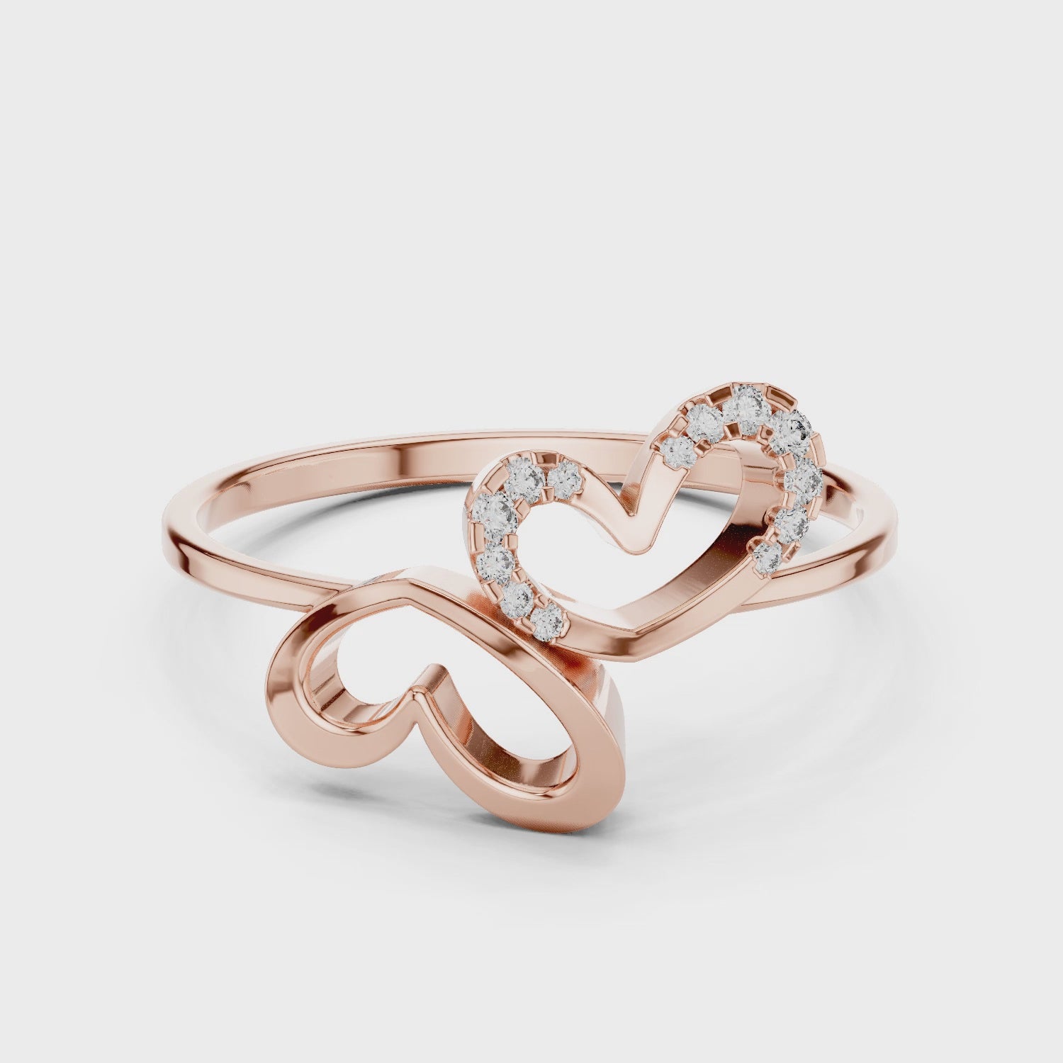 Interlocking Double Heart Moissanite Ring, 14K Solid Rose Gold, Dainty Wedding Promise Ring