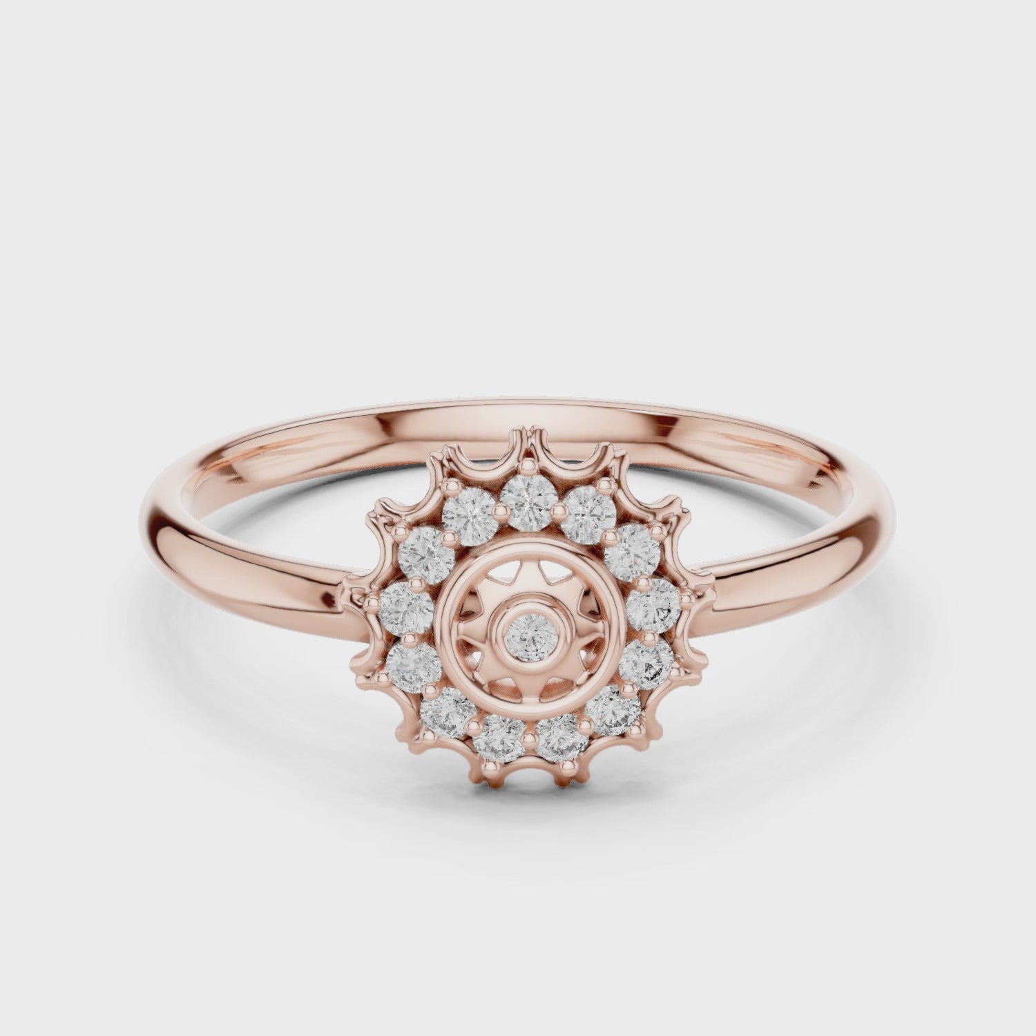 14K Solid Gold Moissanite Sunburst Ring, Vintage Celestial Gear Scalloped Halo Flower
