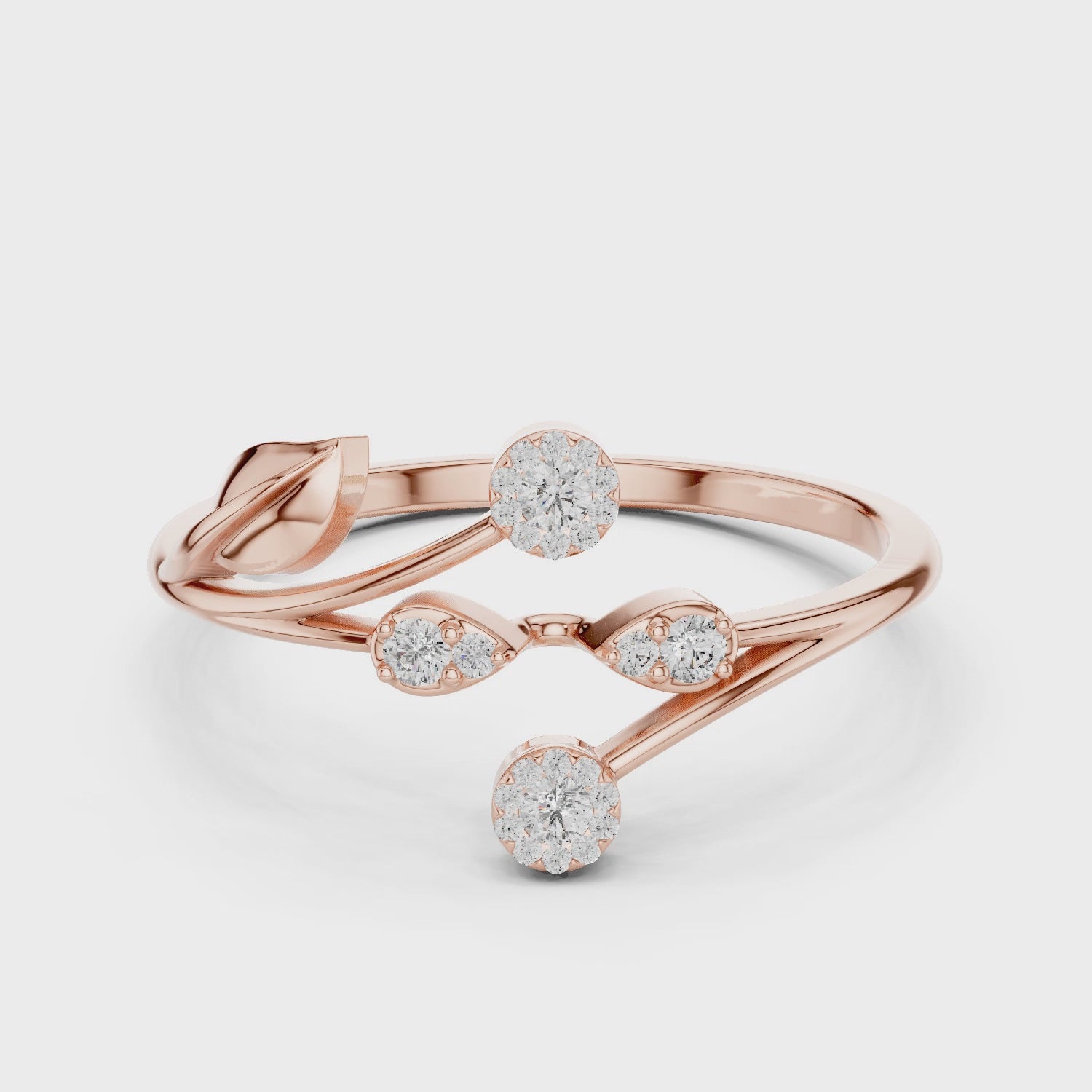 14k Solid Gold Swirl Leaf Moissanite Ring, Nature Inspired Cluster Wrap Curved Ring