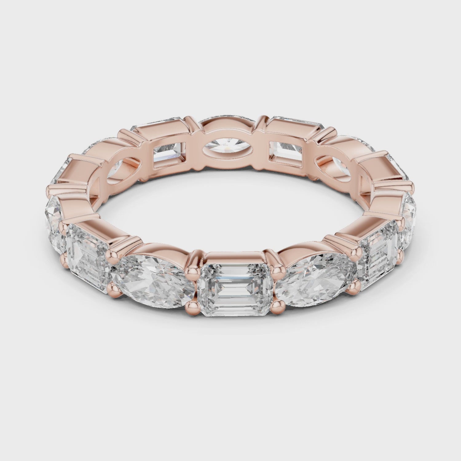 Multi-Shape Moissanite Eternity Band in 925 Sterling Silver, Alternating Emerald Oval Cut Wedding Stacking Unique Promise Ring Gift for Her