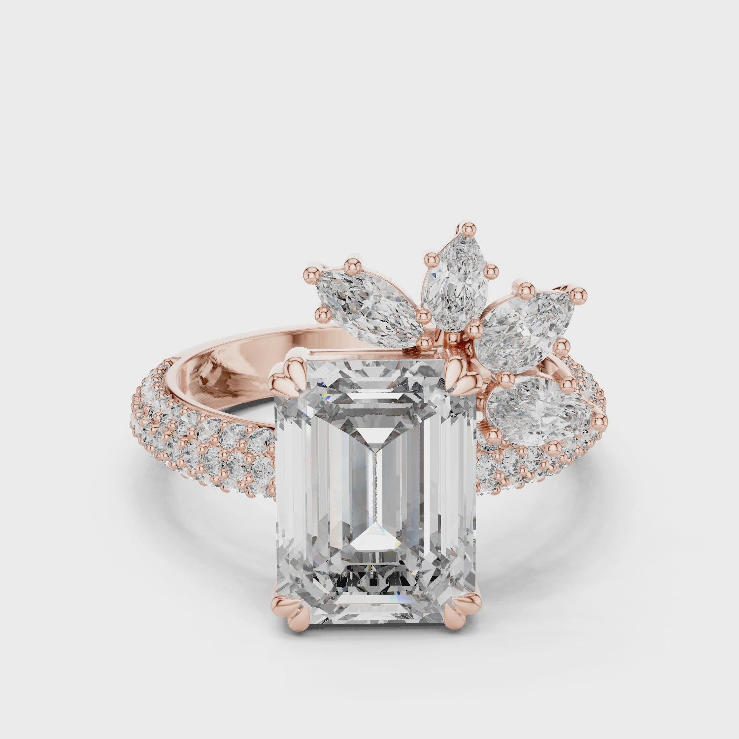 Emerald Cut Moissanite Ring in 925 Sterling Silver, Statement Marquise Cluster Unique Floral Crown Pave Band Wedding Ring Gifts for Her