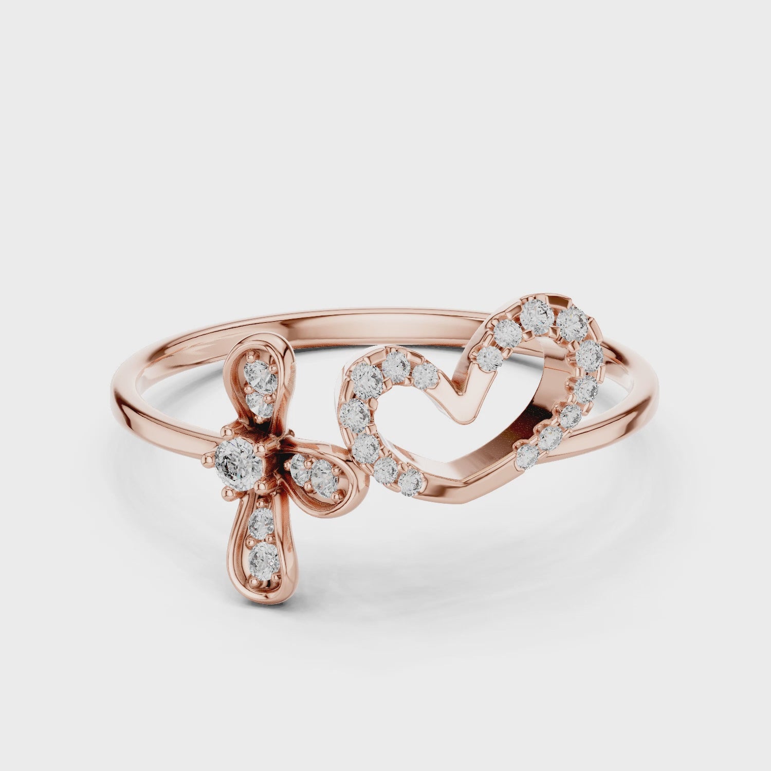 14K Solid Gold Heart Cross Moissanite Ring, Dainty Faith Filigree Jewelry