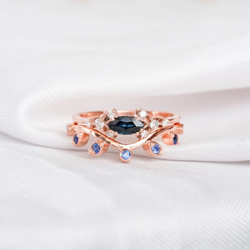 Blue Sapphire Engagement Ring Set For Women