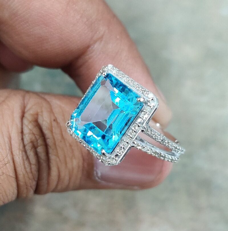 Aquamarine Engagement Ring Emerald Cut | 14K White Gold | Vintage-Inspired Sparkle, Handcrafted Gemstone Jewelry, natural diamonds solitaire - Image 4