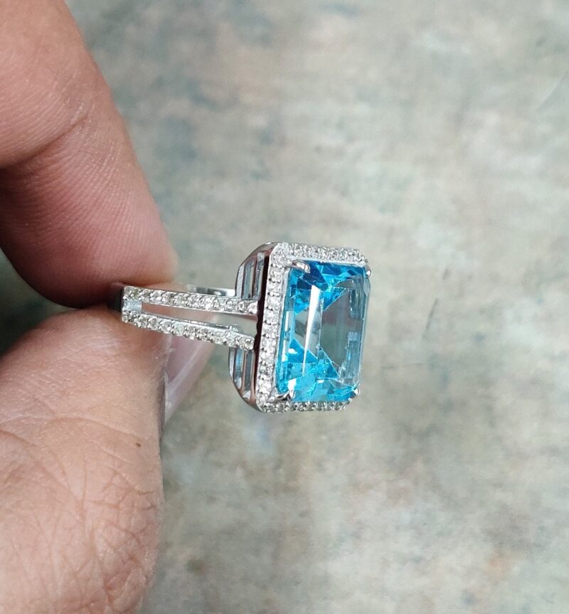Aquamarine Engagement Ring Emerald Cut | 14K White Gold | Vintage-Inspired Sparkle, Handcrafted Gemstone Jewelry, natural diamonds solitaire - Image 5