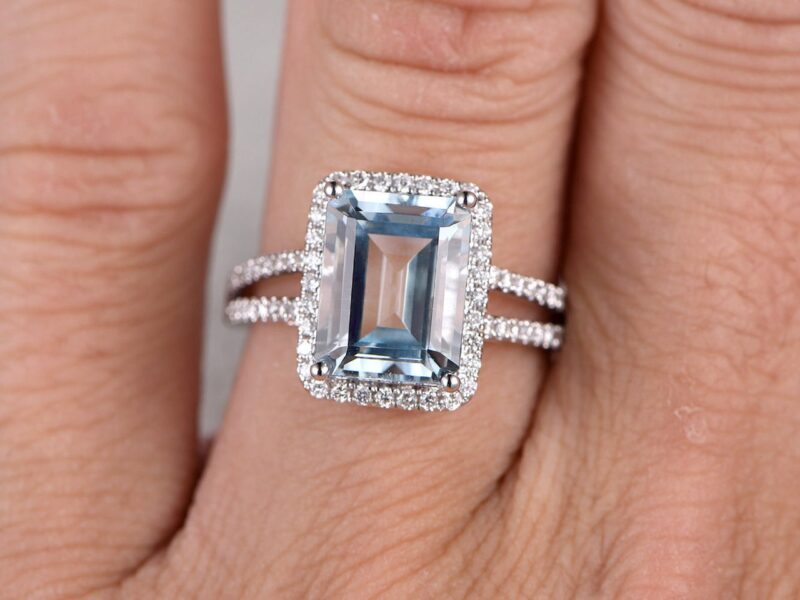 Aquamarine Engagement Ring Emerald Cut | 14K White Gold | Vintage-Inspired Sparkle, Handcrafted Gemstone Jewelry, natural diamonds solitaire - Image 6